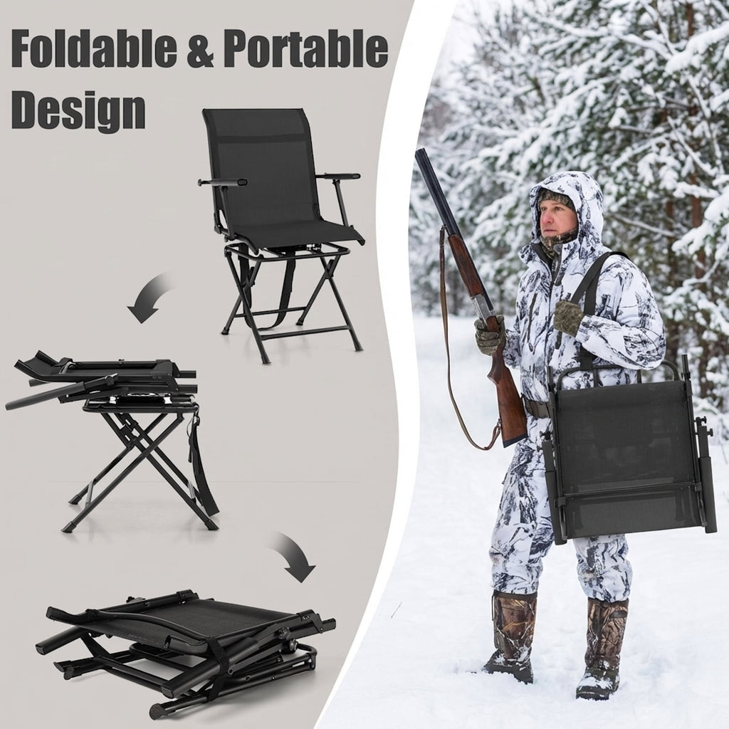 Biotree 360 Degree Swivel Hunting Chair Foldable Outdoor Camp Chair with Armrest and Breathable Mesh Back for Camping Fishing, Black