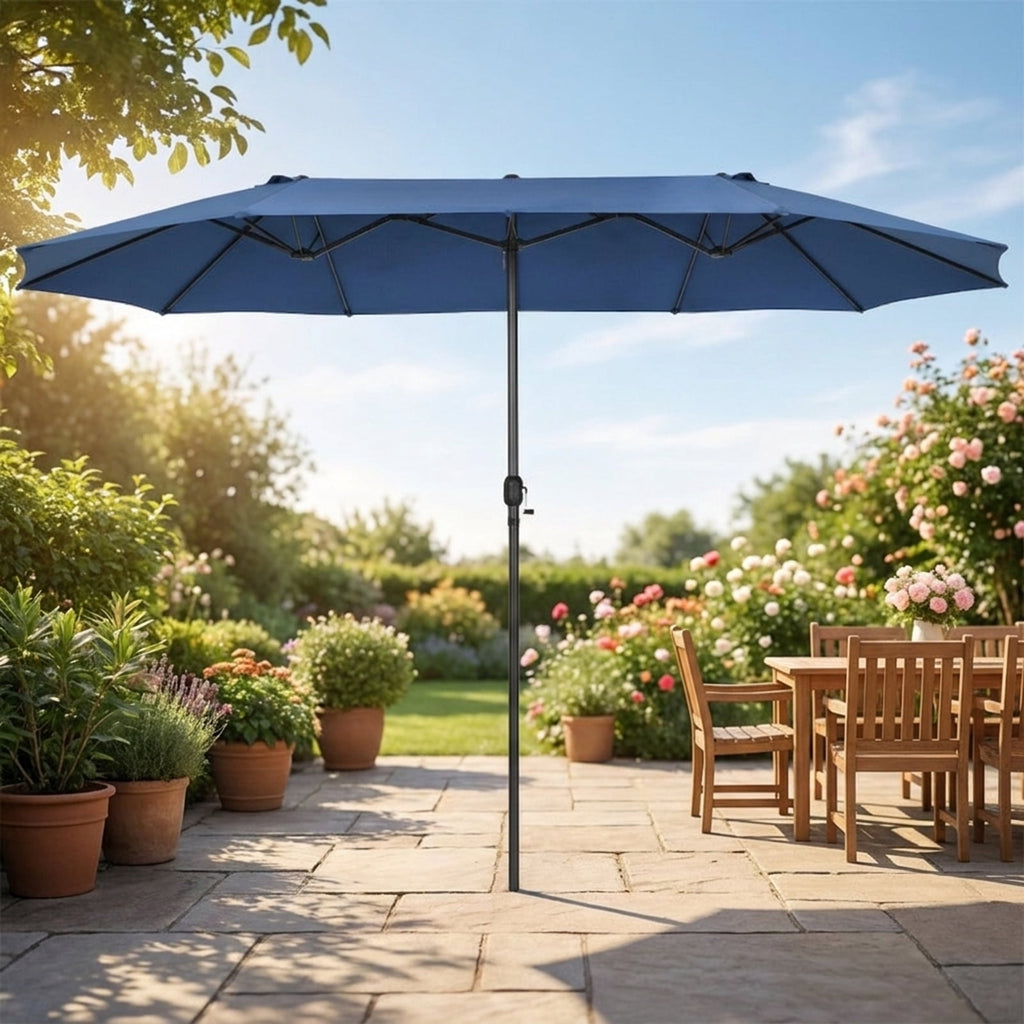 Biotree 15 ft Double-Sided Twin Patio Umbrella Crank Tilt Outdoor Shade - Blue - UV Protection with Cross Base