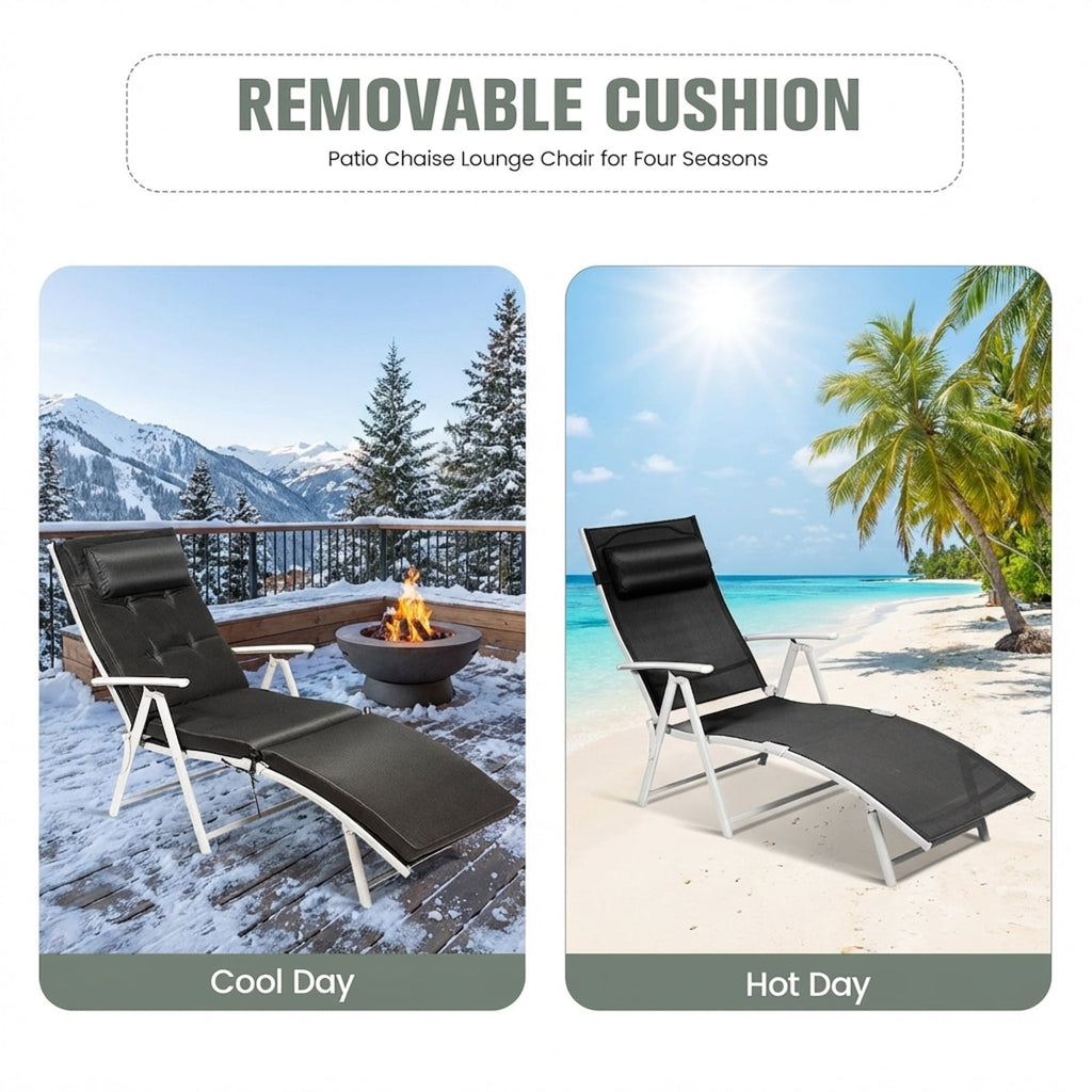 Biotree Adjustable Folding Chaise Lounge Chair with Pillow-Black