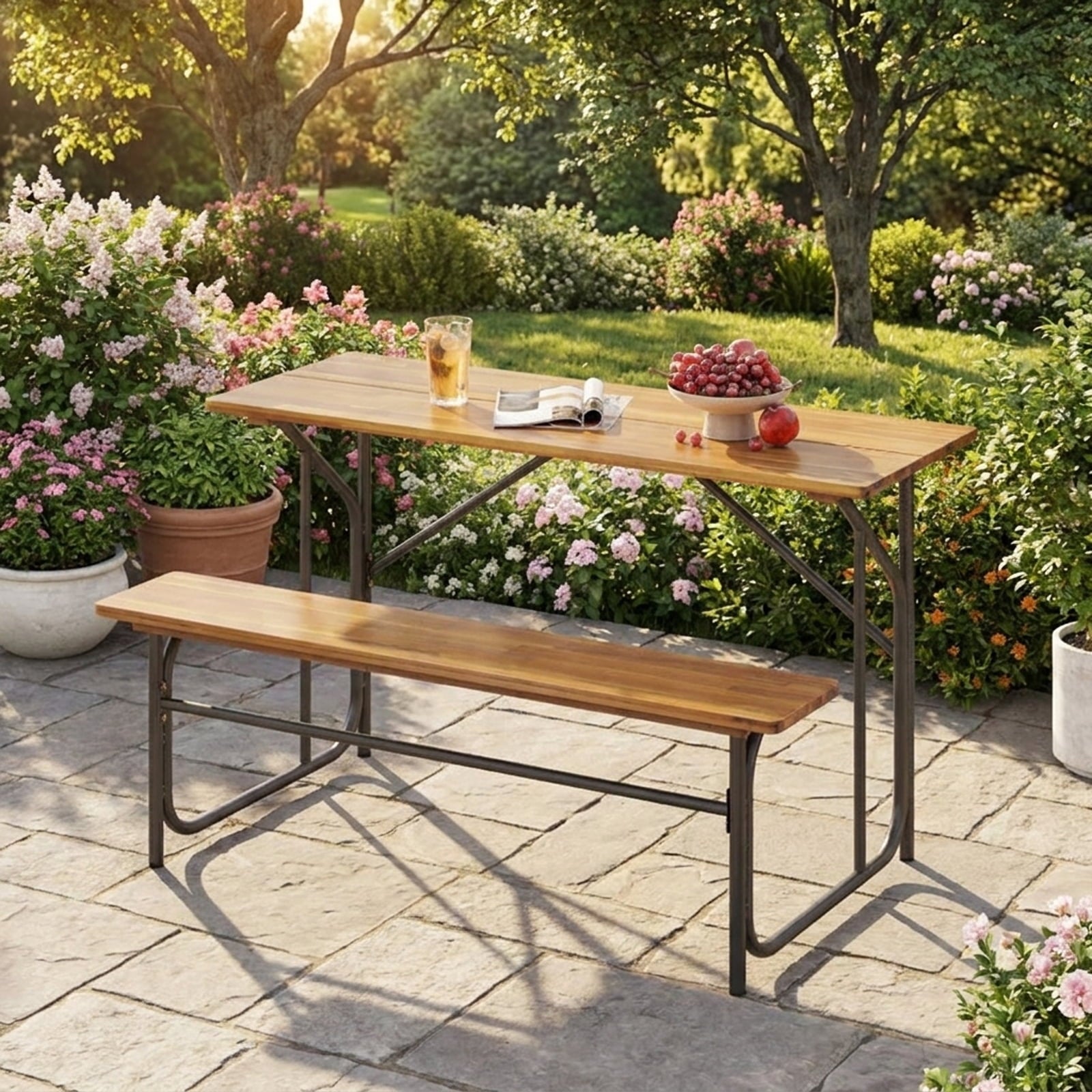 Biotree Acacia Wood Patio Table Bench for 2 People One-Side Picnic Table, Black