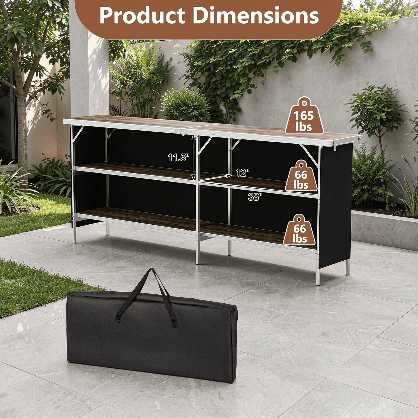 Biotree Aluminum Portable Picnic Table with 2-Tier Open Shelves and Spacious Tabletop Folding Camping Table for Outdoor, Brown