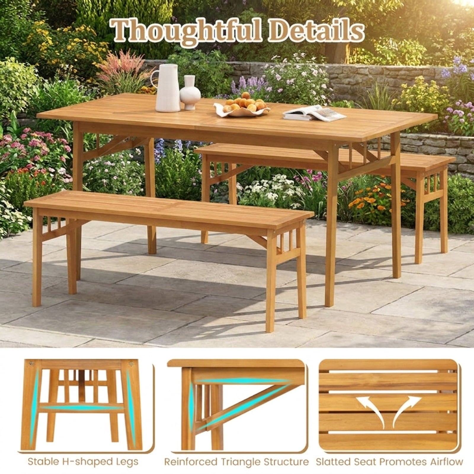 Biotree 48 Inches Acacia Wood Bench with Breathable Slat Seat and Stable Triangular Structure-1Natural