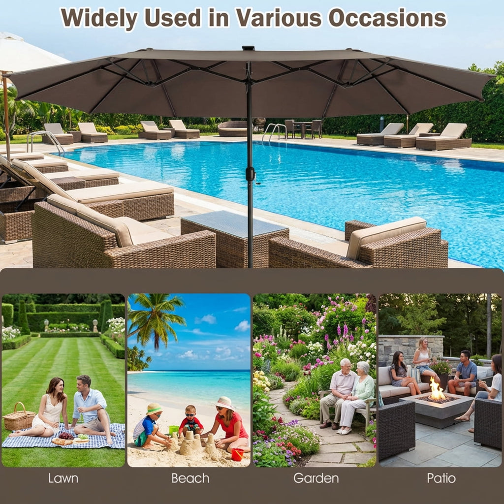 Biotree 15 Feet Twin Patio Umbrella with 48 Solar LED Lights-Light Brown Beige/Light Brown/Orange/Dark Red/Gray/Turquoise