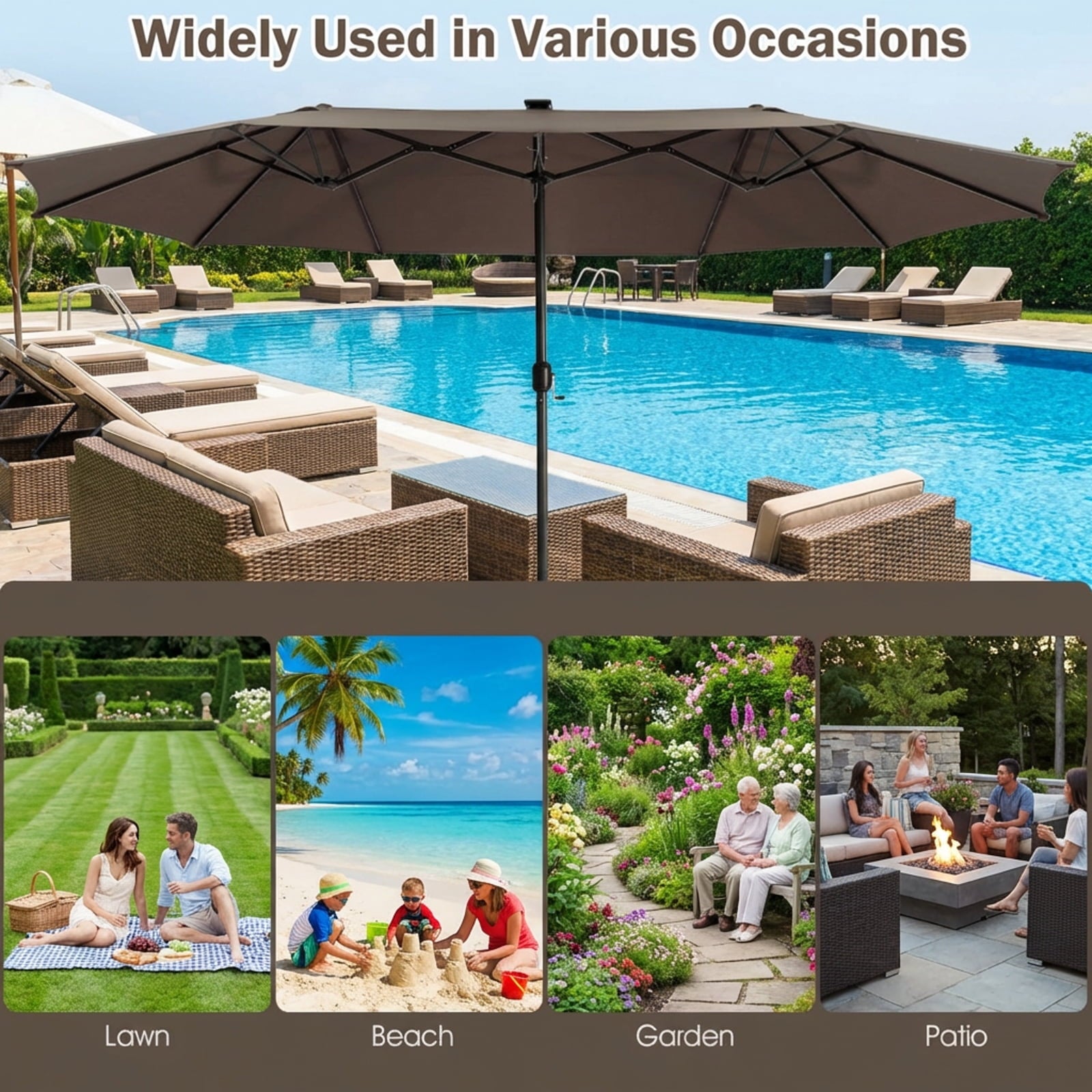 Biotree 15 Feet Twin Patio Umbrella with 48 Solar LED Lights-Light Brown Beige/Light Brown/Orange/Dark Red/Gray/Turquoise