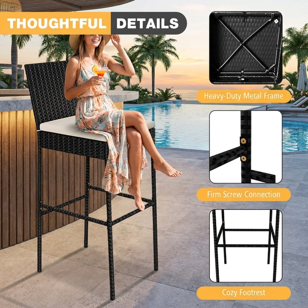 Biotree Patio Wicker Barstools with Footrest and Backrest Set of 4 for Patio Porch Garden Backyard Outdoor, Black