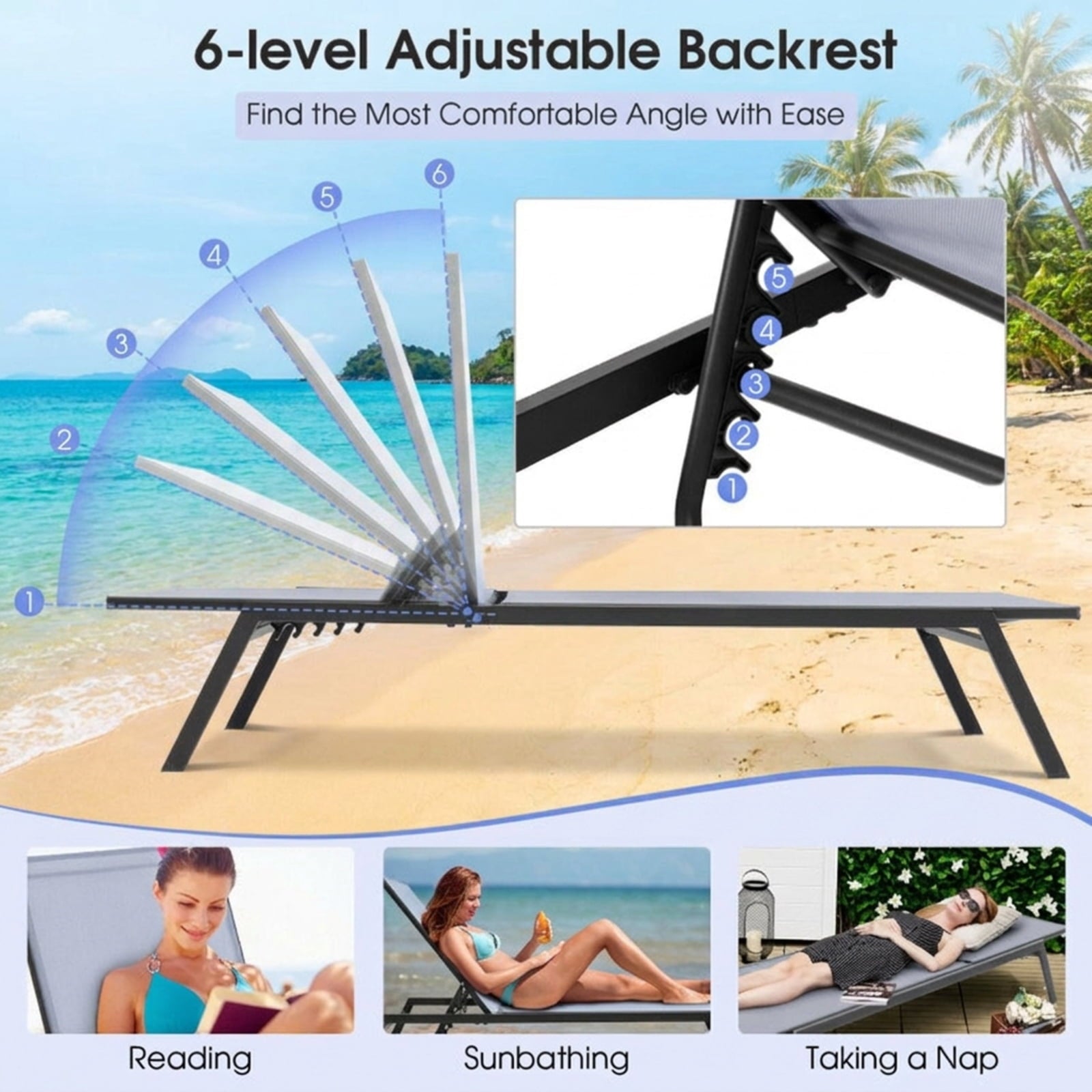 Biotree Outdoor Adjustable Chaise Lounge Chair with Lay Flat Position and Quick-Drying Fabric Stackable Patio Chair for Garden BackyardGrey