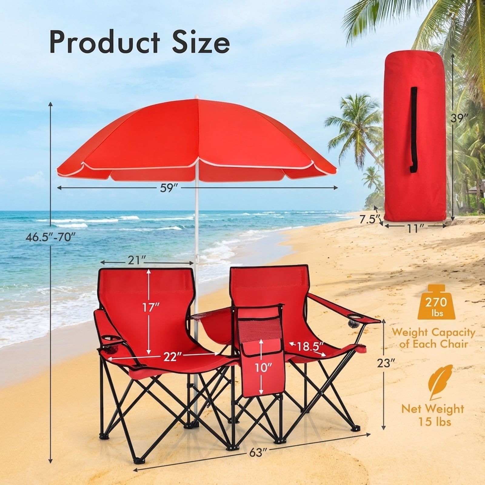 Biotree Double Camping Chair with Removable Umbrella Portable Folding Loveseat with Cooler Bag and Cup Holders for Beach Picnic, Red