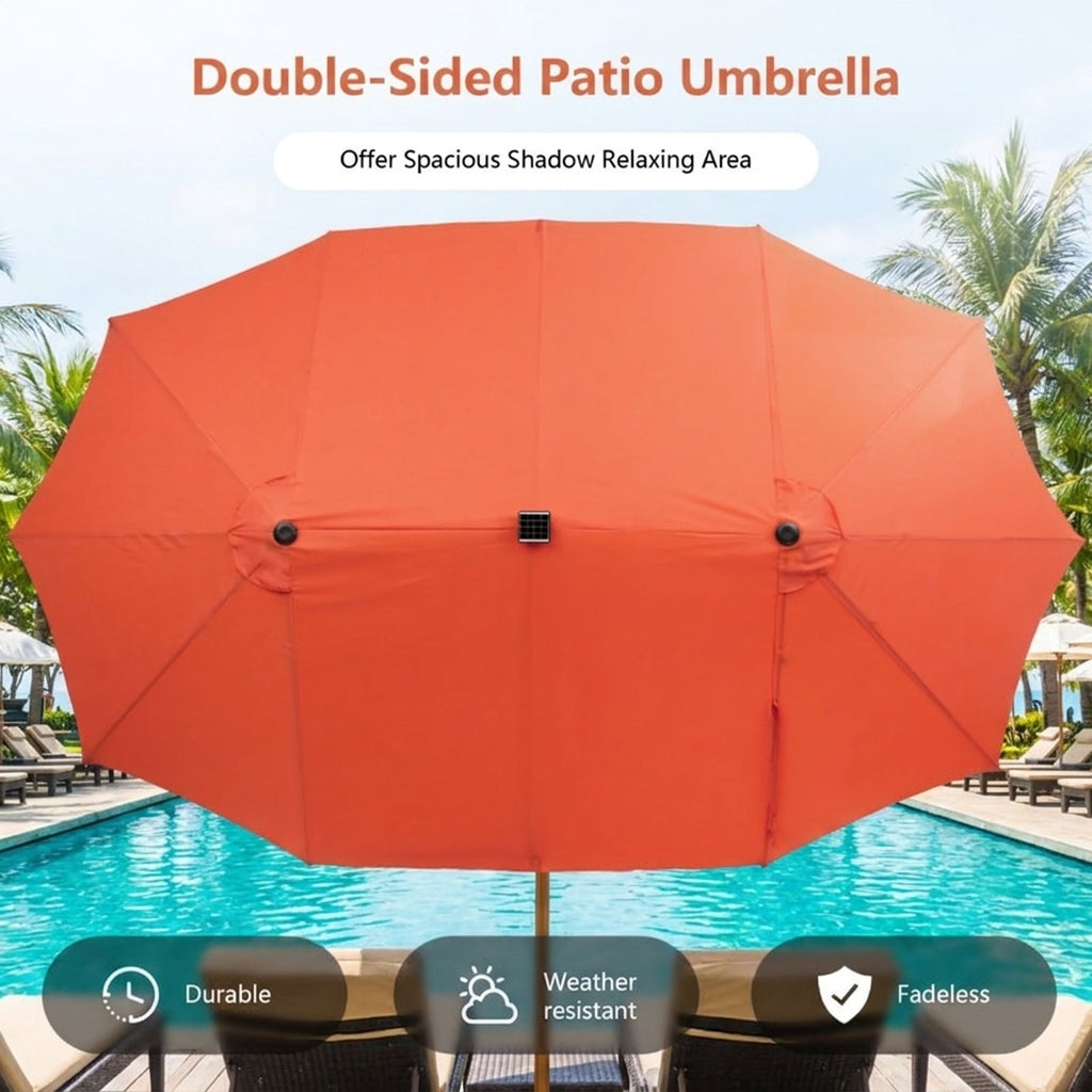 Biotree 15 ft Double-Sided Twin Patio Umbrella 48 LED Lights Outdoor Shade - Orange - UV Protection with Cross Base