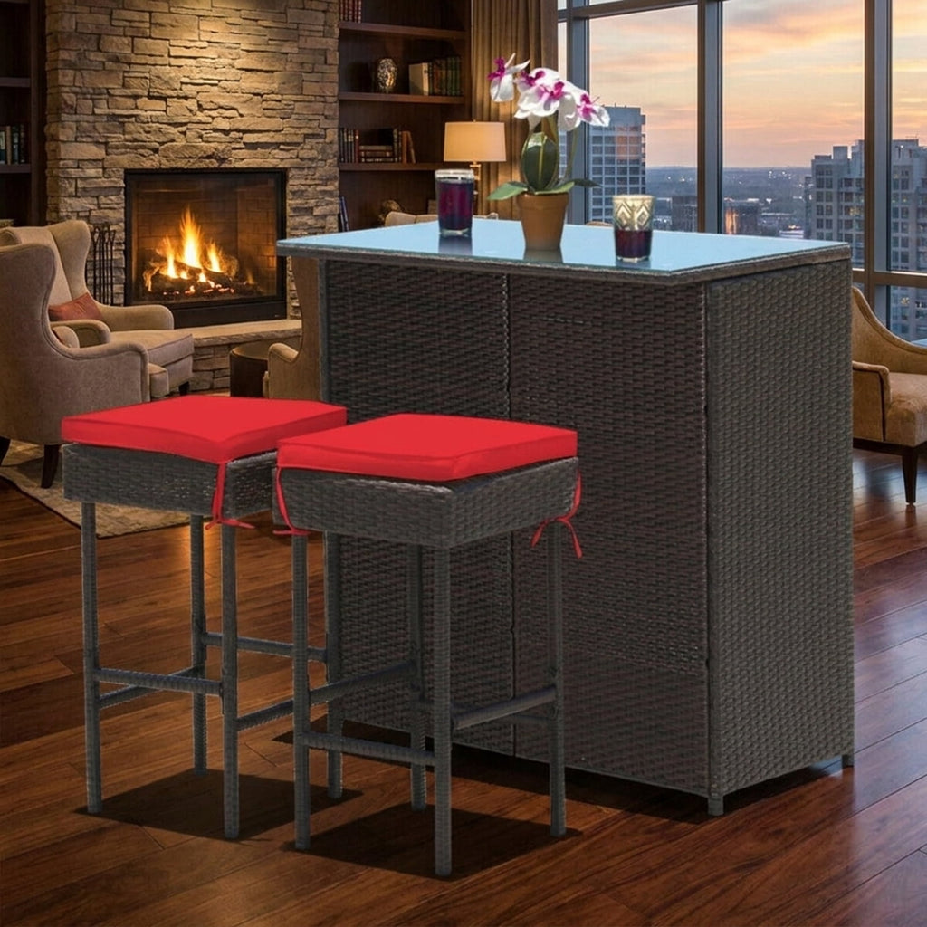Biotree 3-Piece Patio Rattan Bar Set with Glass Table and Cushioned Stools, Red - Outdoor Patio Bar Height Furniture Set for Deck Garden