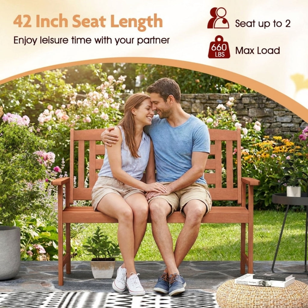 Biotree Outdoor Solid Wood Loveseat Hardwood 2-Seat Bench with Inclined Backrest and Slatted SeatTeak