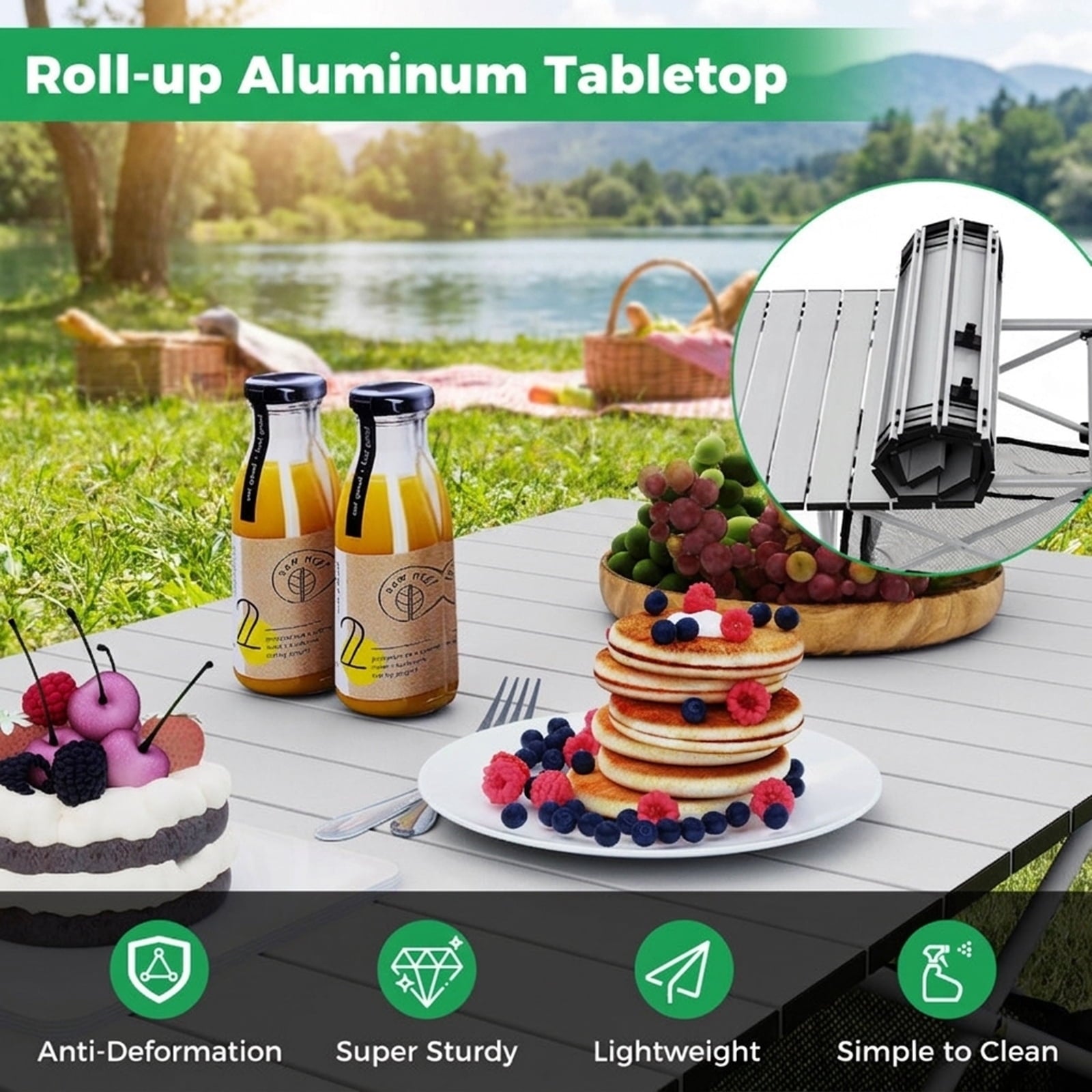 Biotree Patio Folding Camping Table with Roll up Tabletop and Mesh Basket, Silver