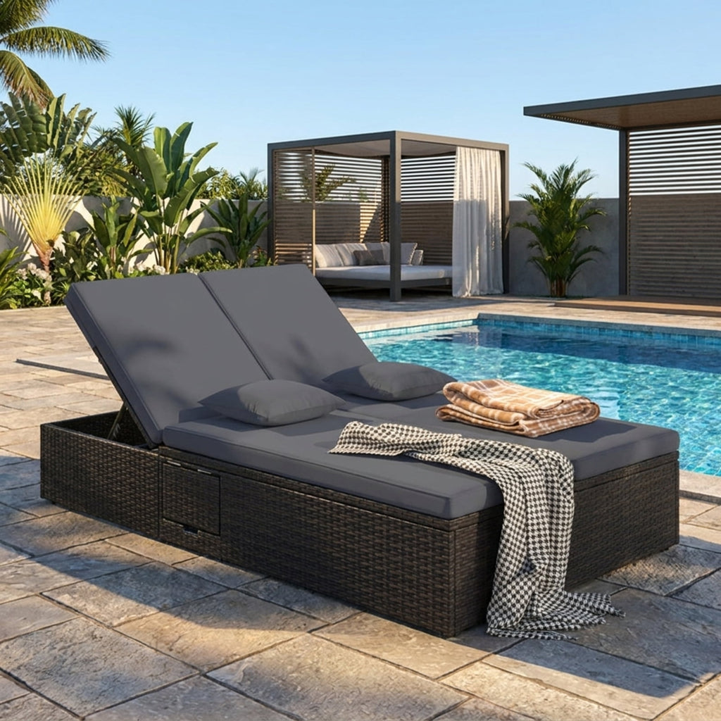 Biotree Patio Double Chaise Lounge with Cushions and Folding Side Trays Stackable Patio Chair for Garden BackyardGray