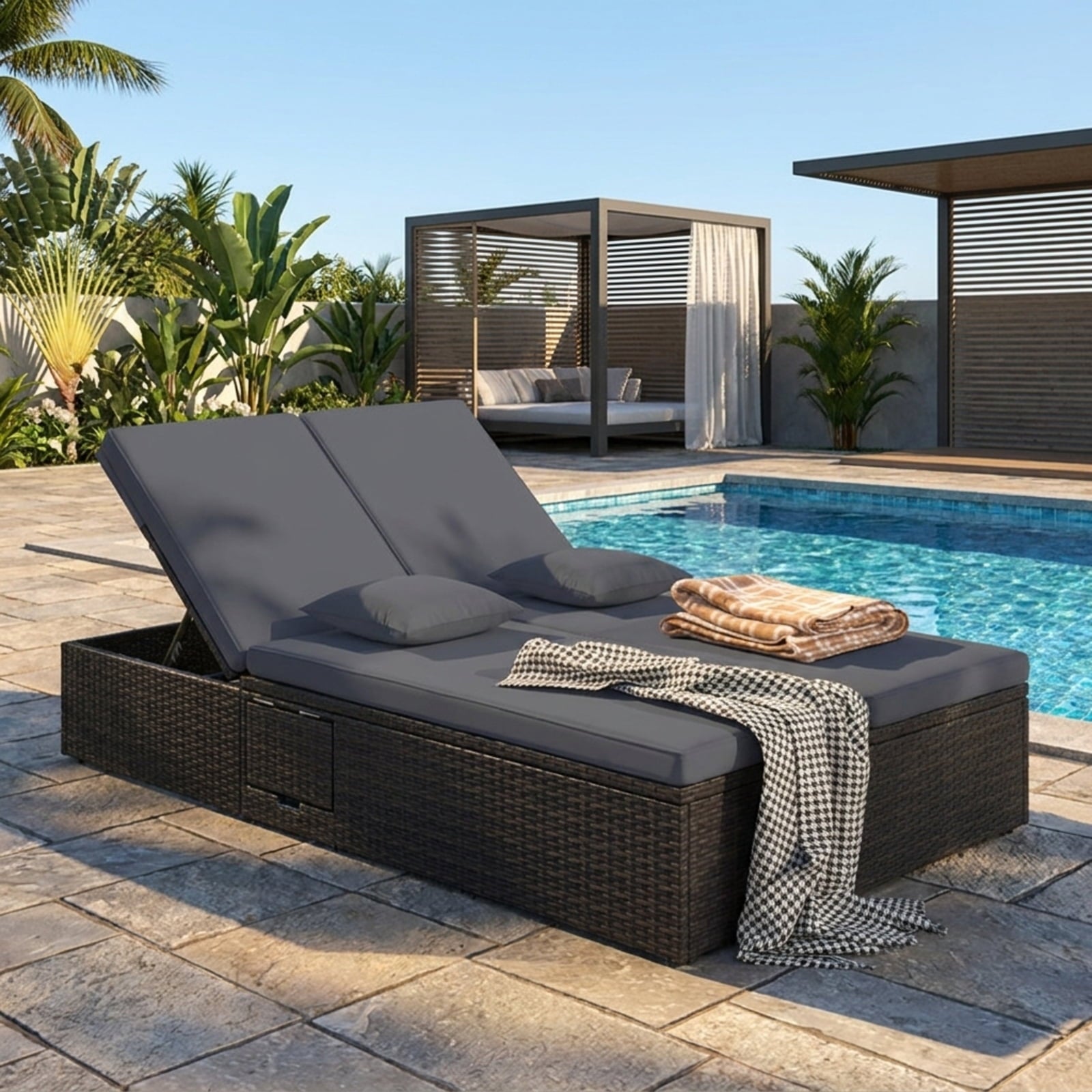 Biotree Patio Double Chaise Lounge with Cushions and Folding Side Trays Stackable Patio Chair for Garden BackyardGray