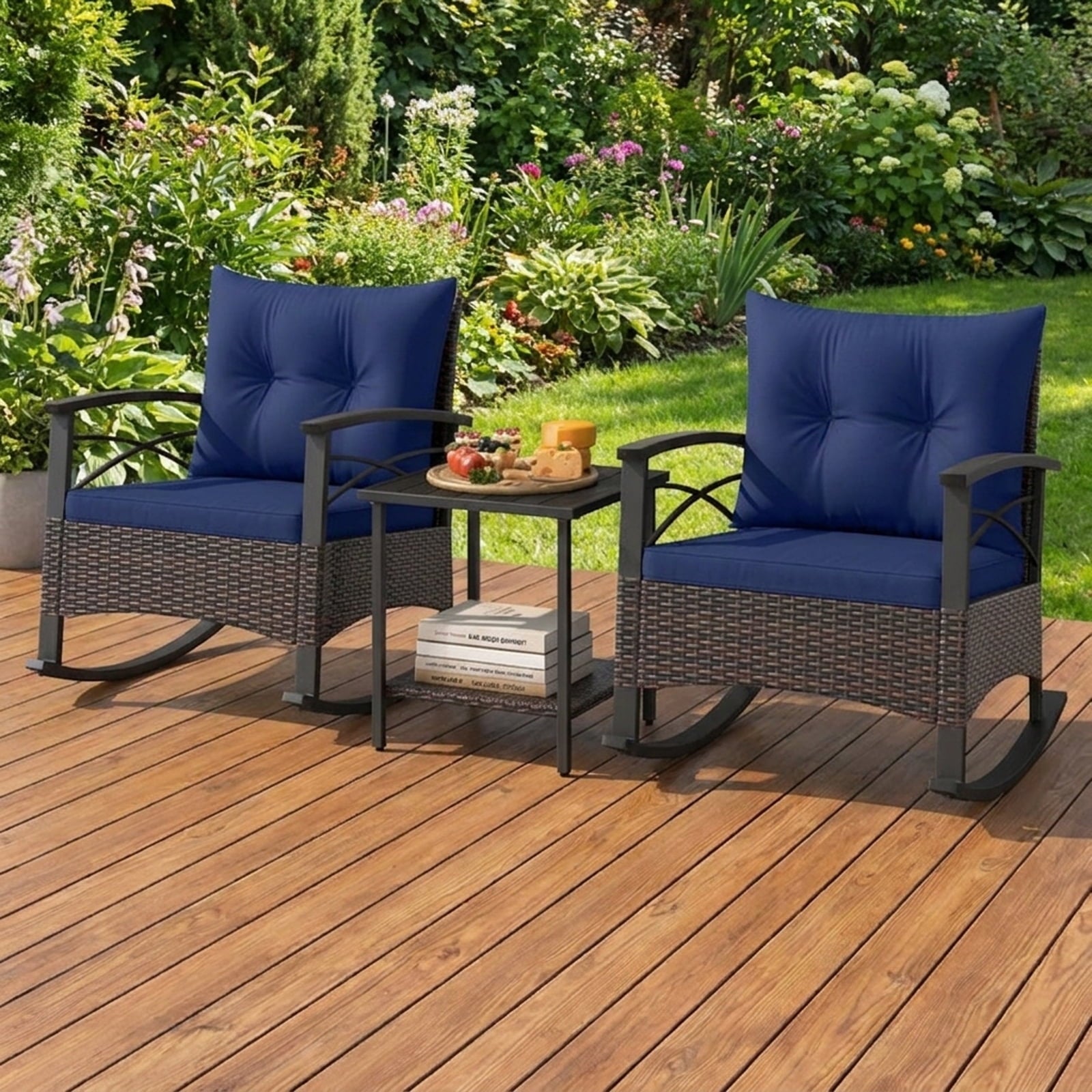 Biotree 3 Piece Rocking Bistro Set PE Rattan Rocker Chairs with Acacia Wood Top Table Outdoor Conversation Set for Garden Backyard PorchNavy