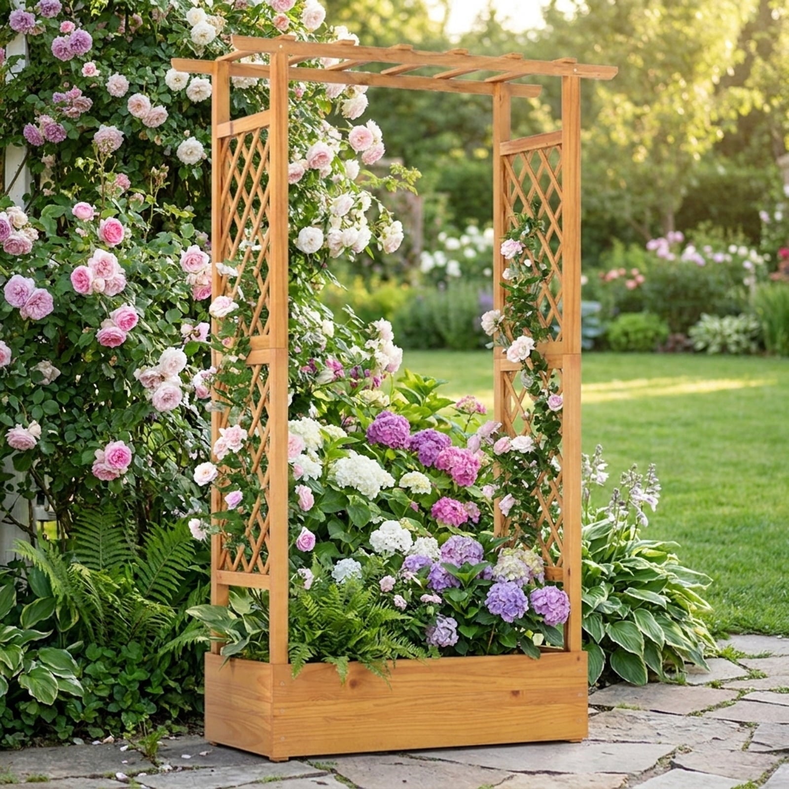 Biotree 70 Inch Wooden Raised Garden Bed with Lattice Trellis for Climbing Plants, 43x16.5x70 Inch Pine Wood Tall Outdoor Planter Box for Patio Yard, Orange Finish