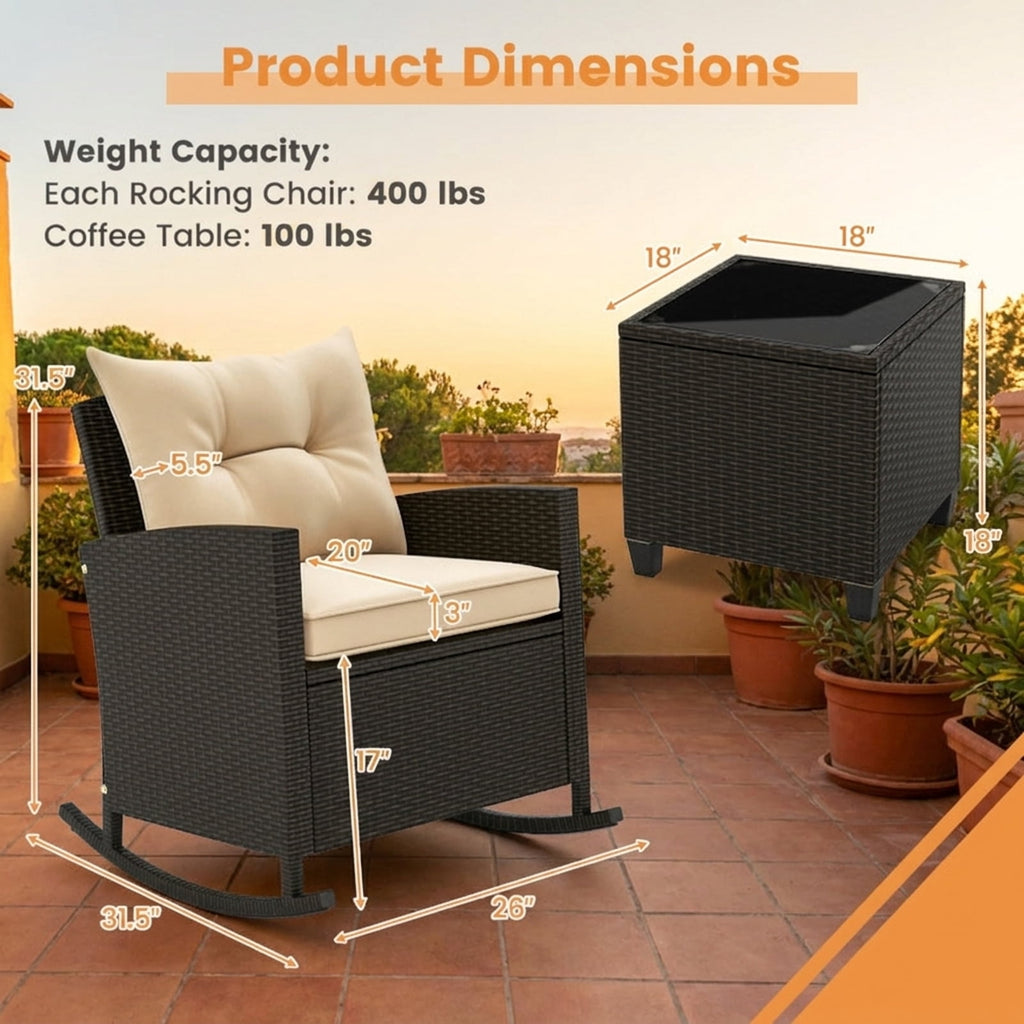 Biotree 3-Piece Patio Rattan Roker Chairs with Tempered Glass Table and Soft Cushions Outdoor Conversation Set for Garden Backyard PorchBeige