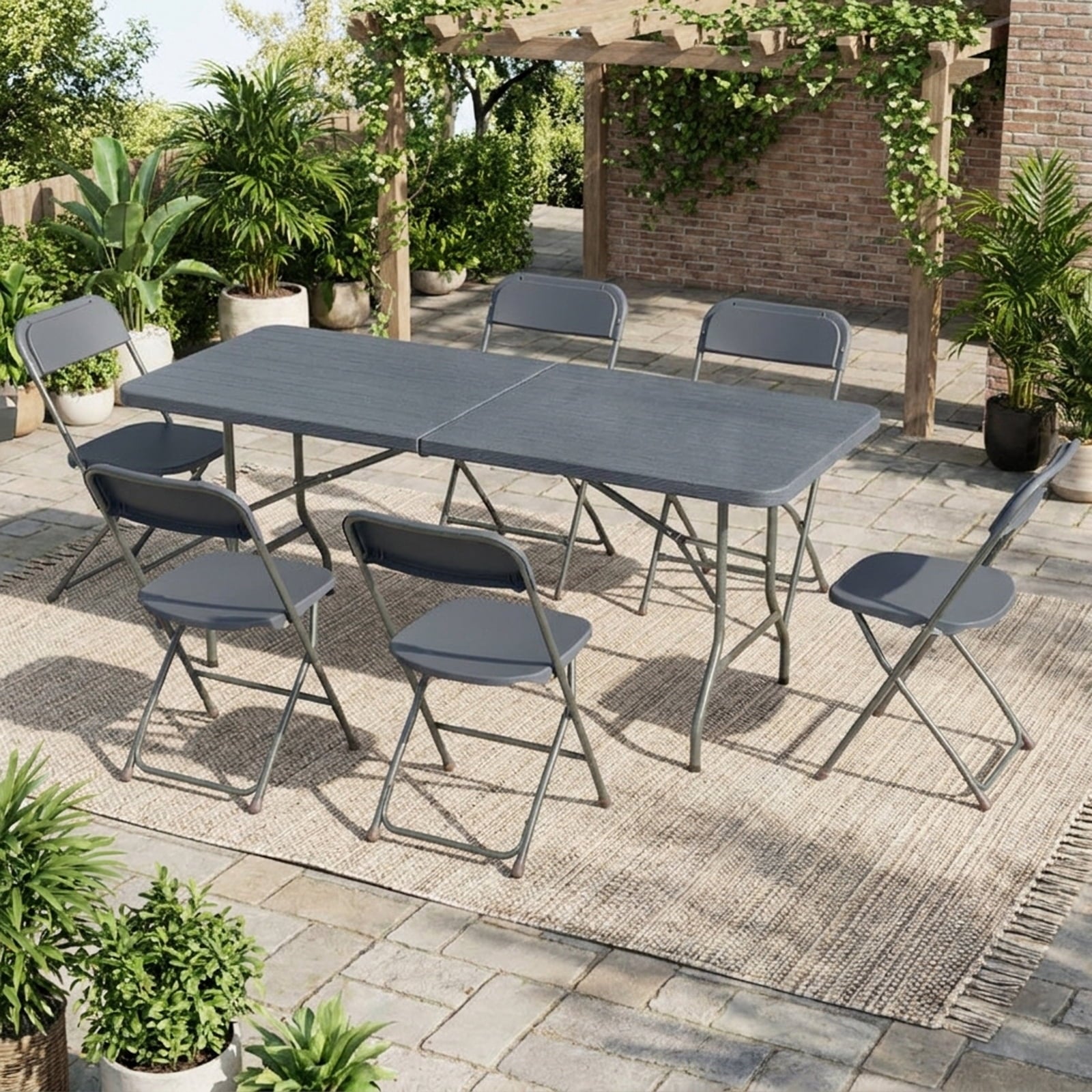 Biotree 6 Feet Folding Table with Wood Grain HDPE Tabletop and Safe Lock Mechanism, Gray