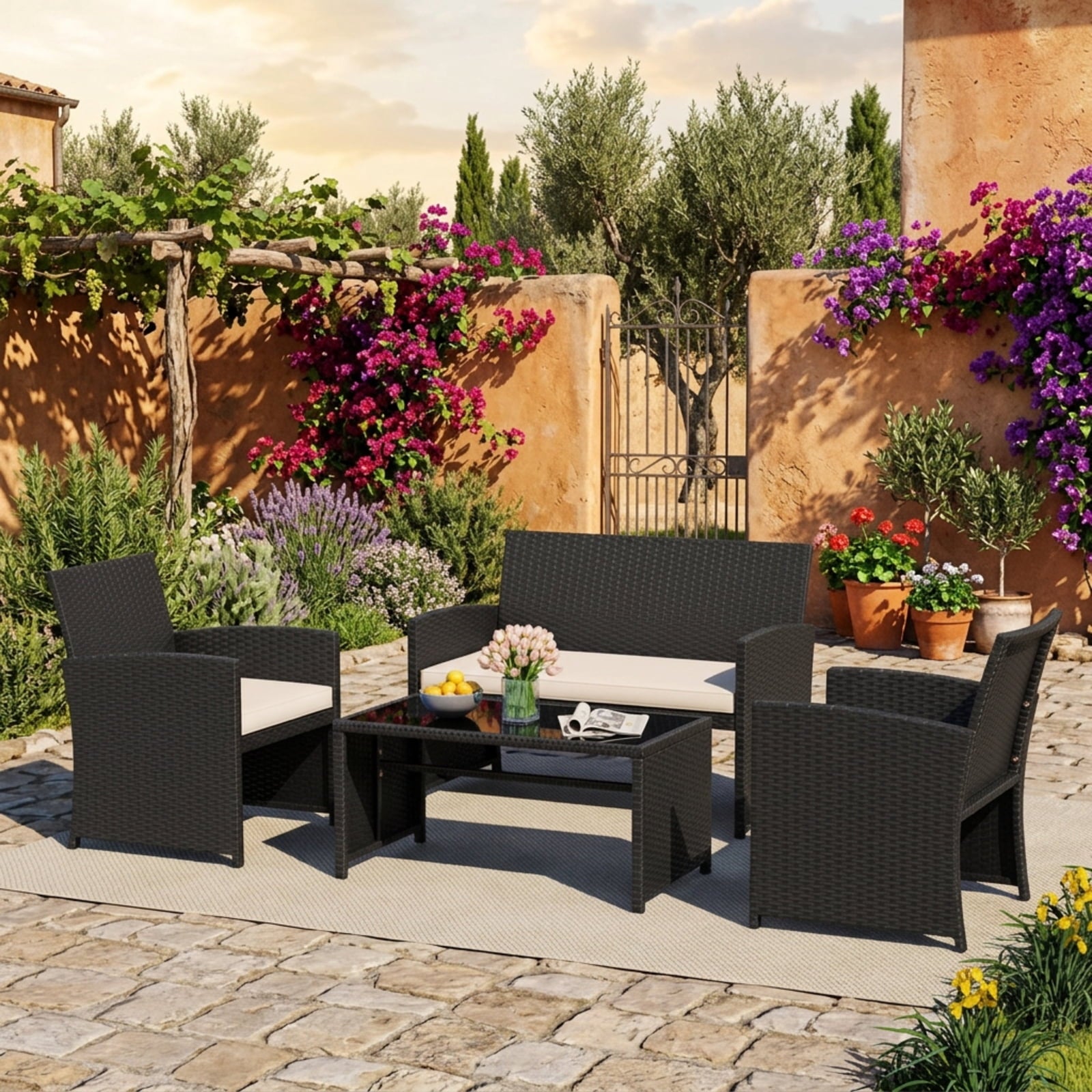 Biotree 4 Pieces Patio Furniture Set with Tempered Glass Tabletop and Removable Cushion Outdoor Conversation Set for Garden Backyard PorchWhite