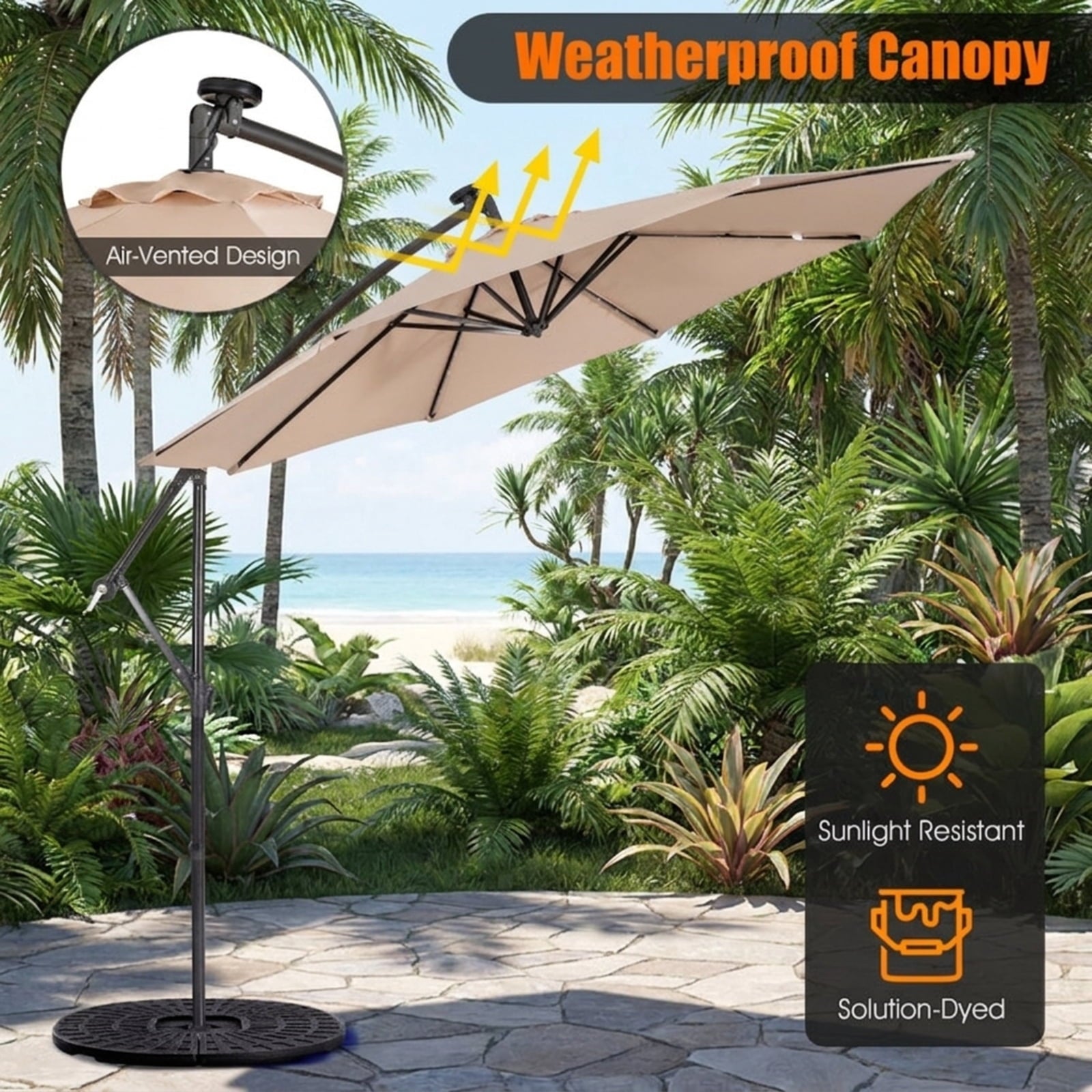 Biotree 10 FT Patio Umbrella, Patio Solar Powered Cantilever Umbrella with Tilting System for Patio Garden Backyard Pool, Beige