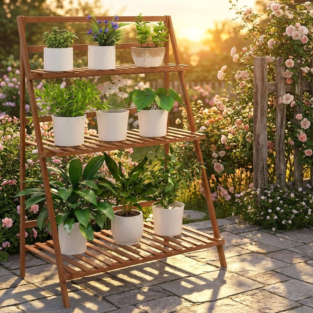Biotree 3-Tier Bamboo Plant Stand Foldable Ladder Shelf Indoor Outdoor Flower Pot Display Rack Natural