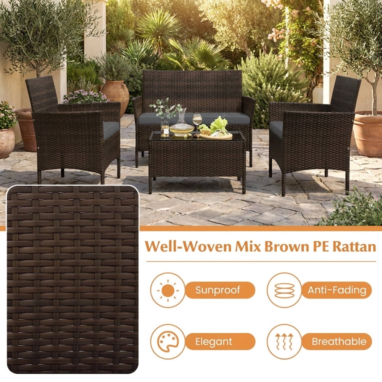 Biotree 4 Piece Patio Rattan Conversation Set with Cozy Seat Cushions Outdoor Conversation Set for Garden Backyard PorchGray