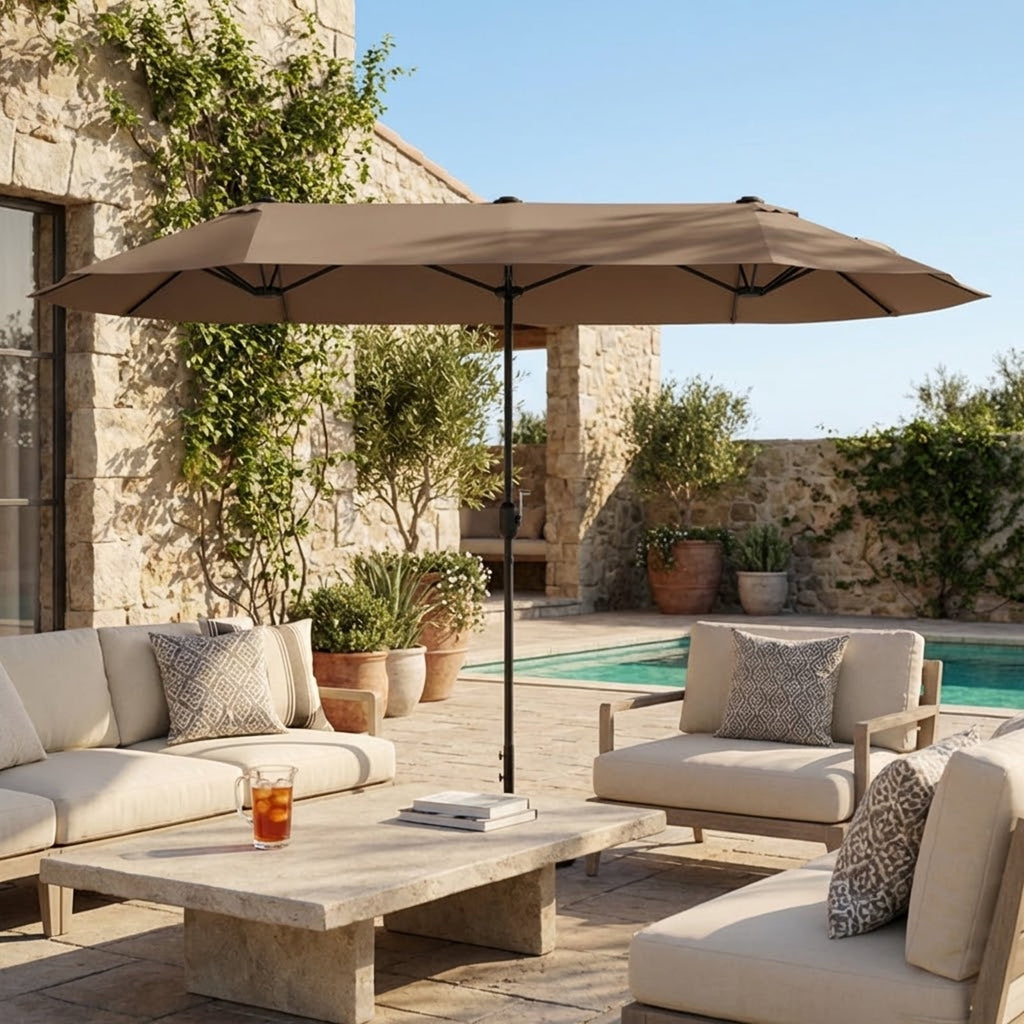 Biotree 13FT Double-sided Patio Twin Table Umbrella with Crank Handle-Tan Brown - Outdoor Patio Garden Sun Shade