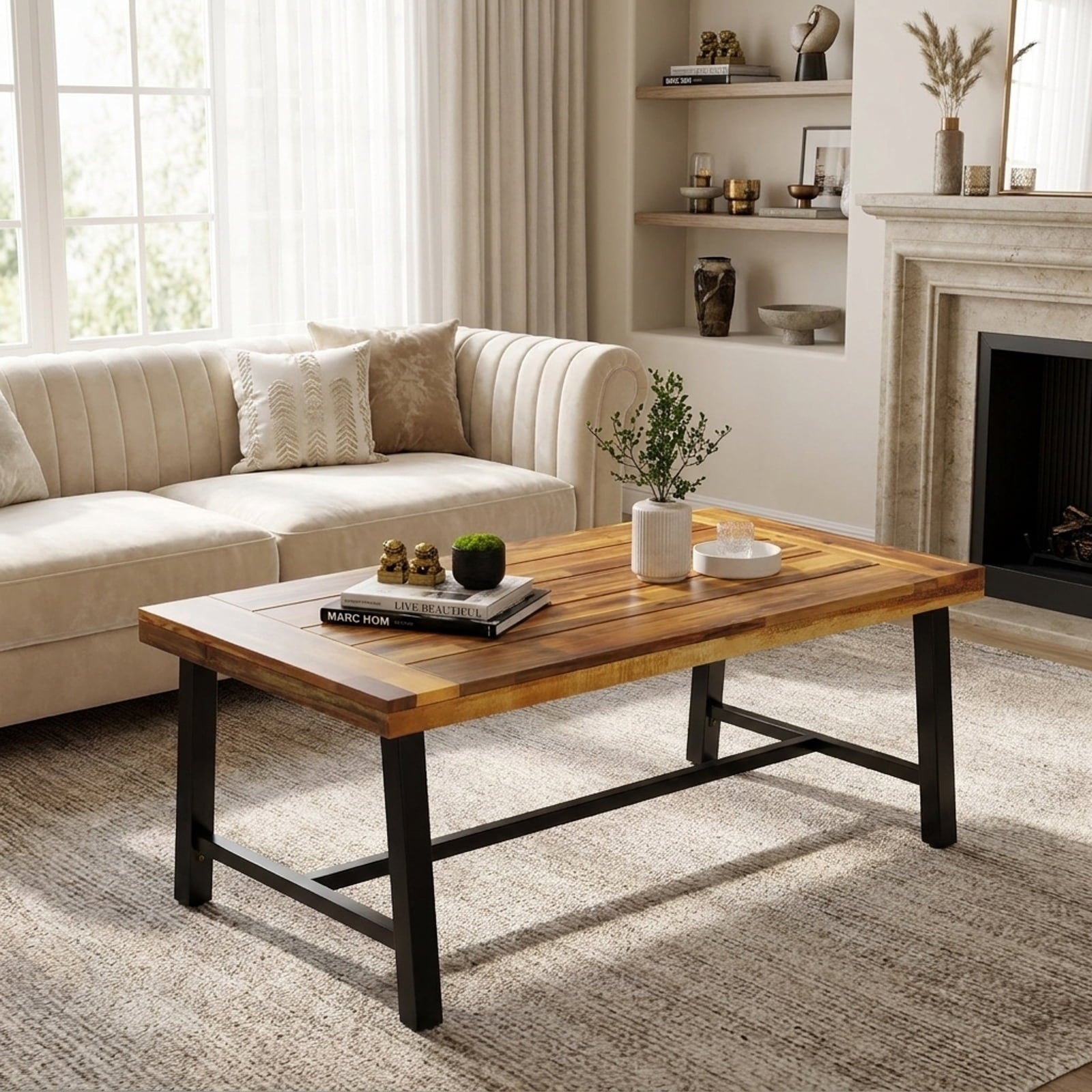 Biotree Acacia Wood Coffee Table with Thickened Top and Heavy-duty Metal Legs, Black