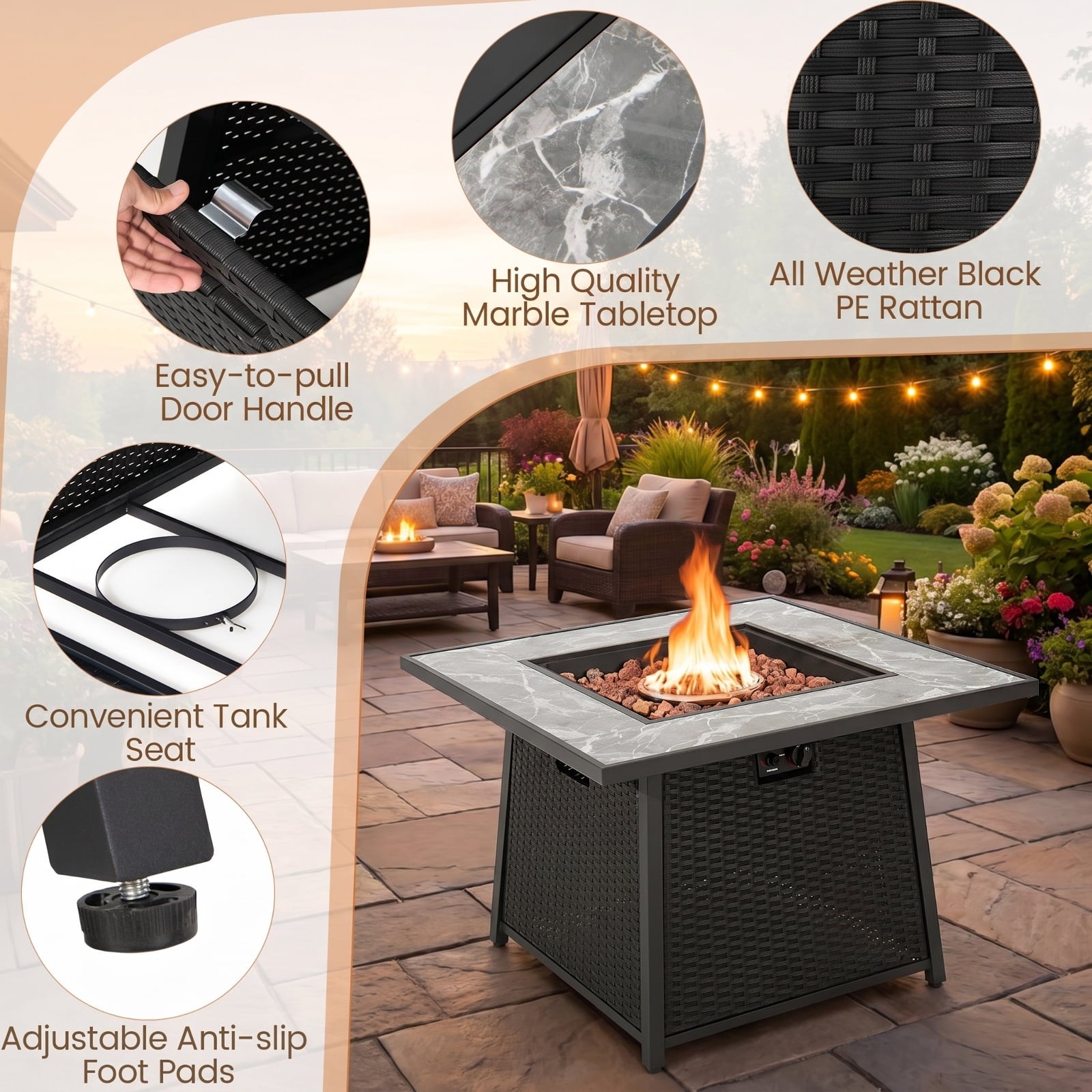 Biotree 35 Inch Propane Gas Fire Pit Table Wicker Rattan with Lava Rocks PVC Cover for Outdoor Patio Backyard Garden Camping, Black