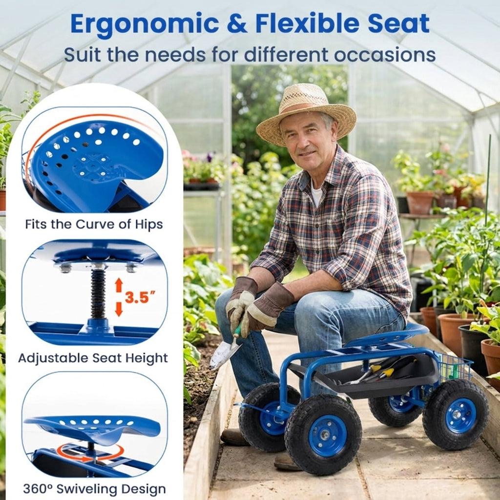 Biotree 4-Wheel Rolling Garden Cart Work Seat for Garden Yard Lawn Work Outdoor, Blue