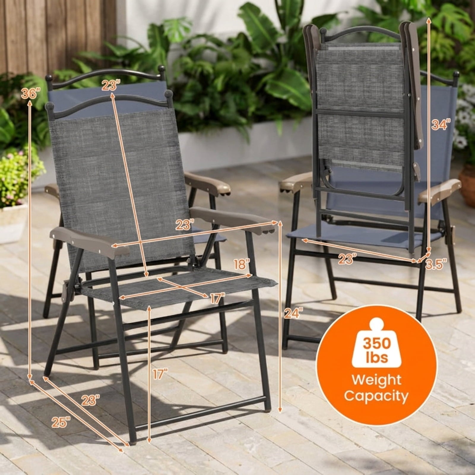 Biotree Set of 2 Patio Folding Sling Back Camping Deck Chairs Stackable Patio Chair for Garden BackyardGray