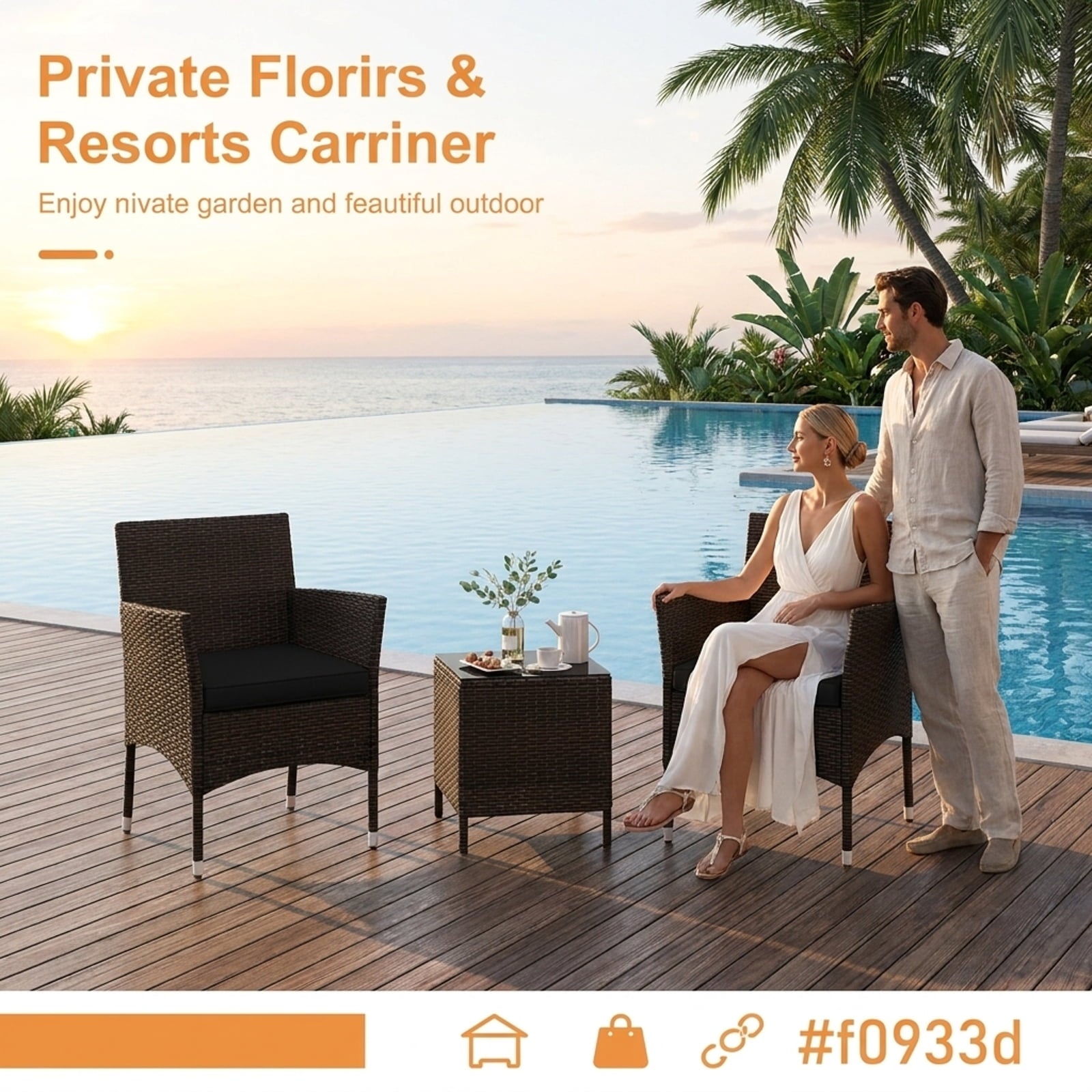 Biotree 3 Pieces Outdoor Conversation Set with Cushioned Seat and Glass Tabletop Outdoor Conversation Set for Garden Backyard PorchBlack