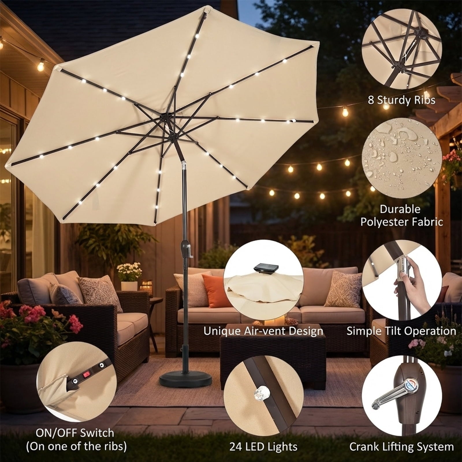 Biotree 10 Solar LED Lighted Patio Market Umbrella Shade Tilt Adjustment Crank-Beige Outdoor Backyard