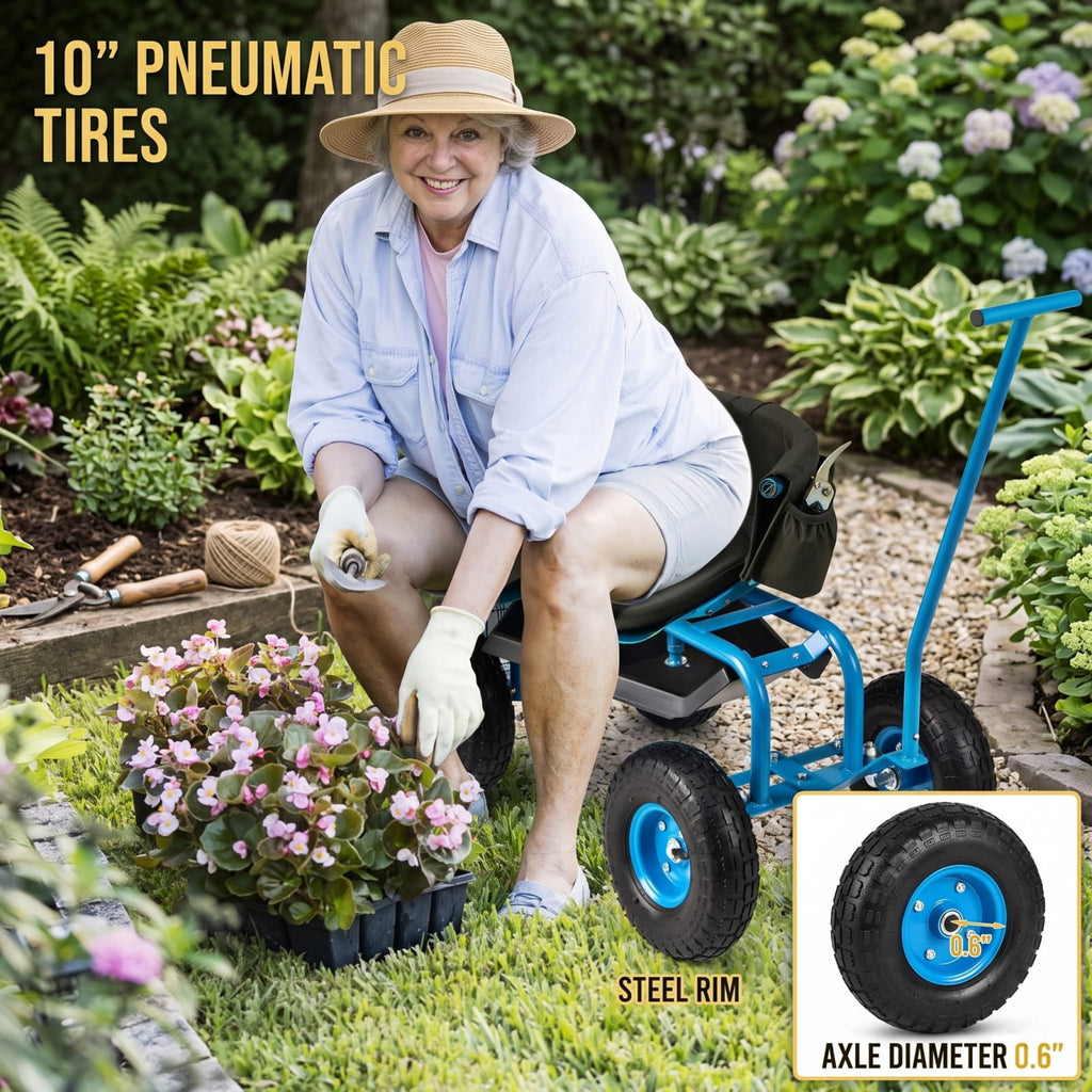 Biotree 330Lbs Rolling Garden Cart with 360¡ã Height Adjustable Swivel Seat, Garden Scooter with Storage Basket, Tool Tray for Weeding Planting Gardening Blue