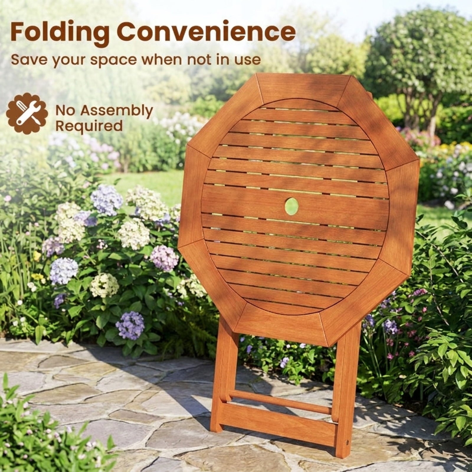 Biotree Octagon Folding Patio Table with 2 Inches Umbrella Hole, Brown