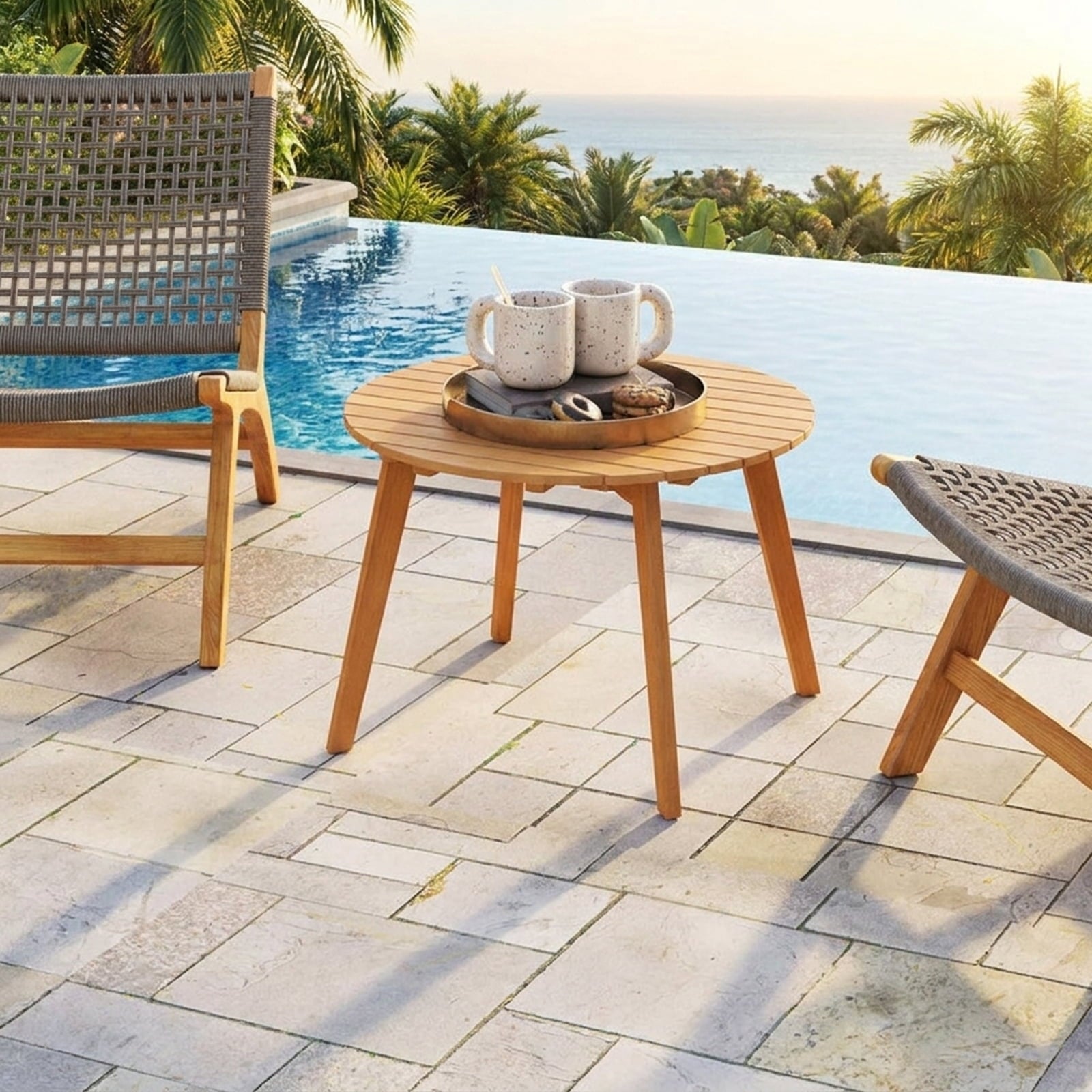 Biotree Round Outdoor Acacia Wood Side Table with Slatted Tabletop, Natural