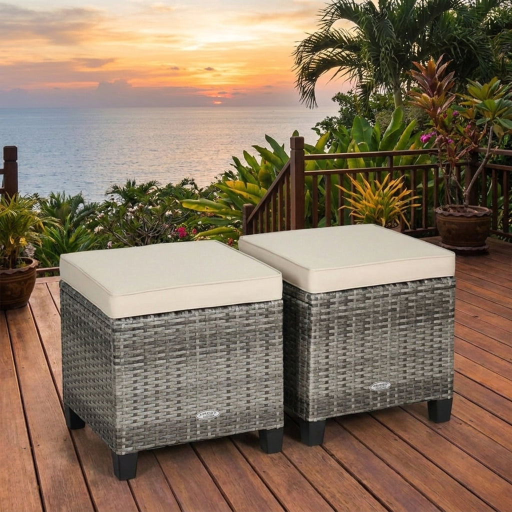 Biotree 2 Pieces Patio Rattan Ottoman Seat with Removable Cushions Stackable Patio Chair for Garden BackyardBeige
