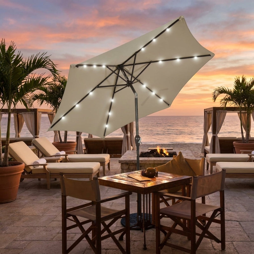 Biotree 9 ft Solar LED Market Patio Umbrella with Crank and Tilt, 6 Sturdy Ribs, Vented Canopy - Tan