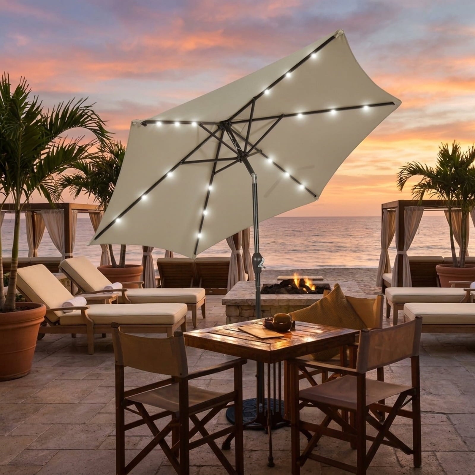 Biotree 9 ft Solar LED Market Patio Umbrella with Crank and Tilt, 6 Sturdy Ribs, Vented Canopy - Tan