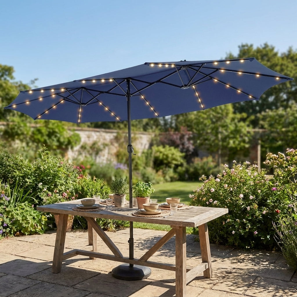 Biotree 15 ft Double-Sided Twin Patio Umbrella Solar LED Lights Outdoor Shade - Blue - UV Protection