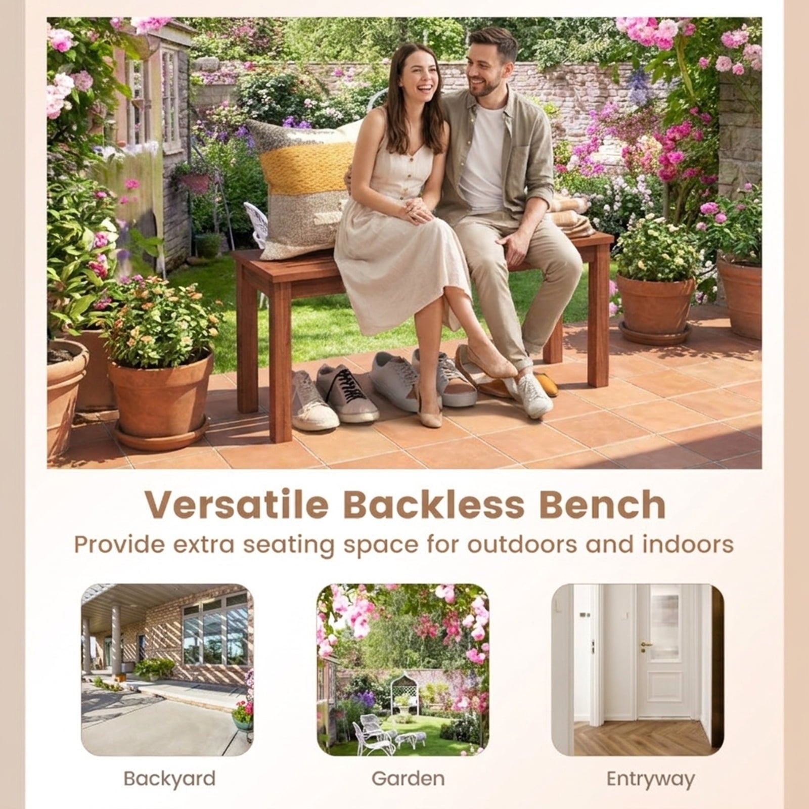 Biotree 2-Seater Patio Backless Dining Bench with Breathable Slatted Seat Stackable Patio Chair for Garden BackyardNatural