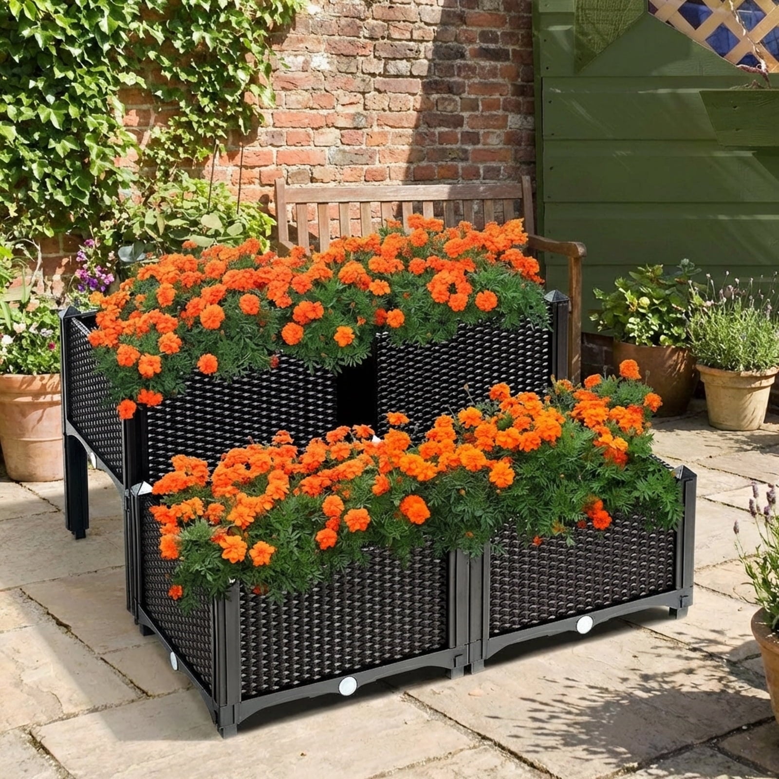 Biotree Set of 4 Elevated Flower Vegetable Herb Grow Planter Box-Brown Outdoor Herbs Vegetables Flowers