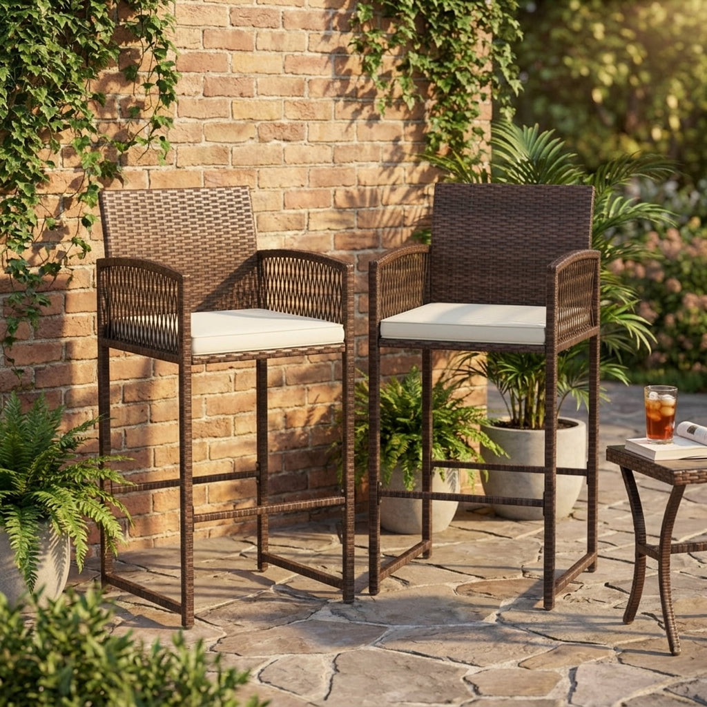 Biotree Set of 2 Outdoor PE Rattan Bar Stools with Cushioned Seats, Brown/White - Outdoor Patio Bar Height Chair with Footrest