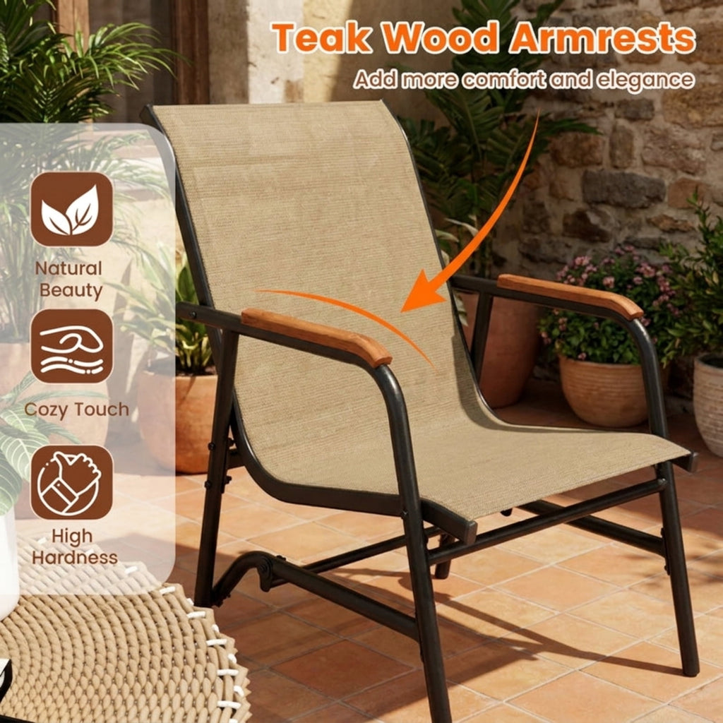 Biotree Patio Glider Chair Set of 2 with Curved Teak Armrests and Breathable Fabric Seat Stackable Patio Chair for Garden BackyardBrown