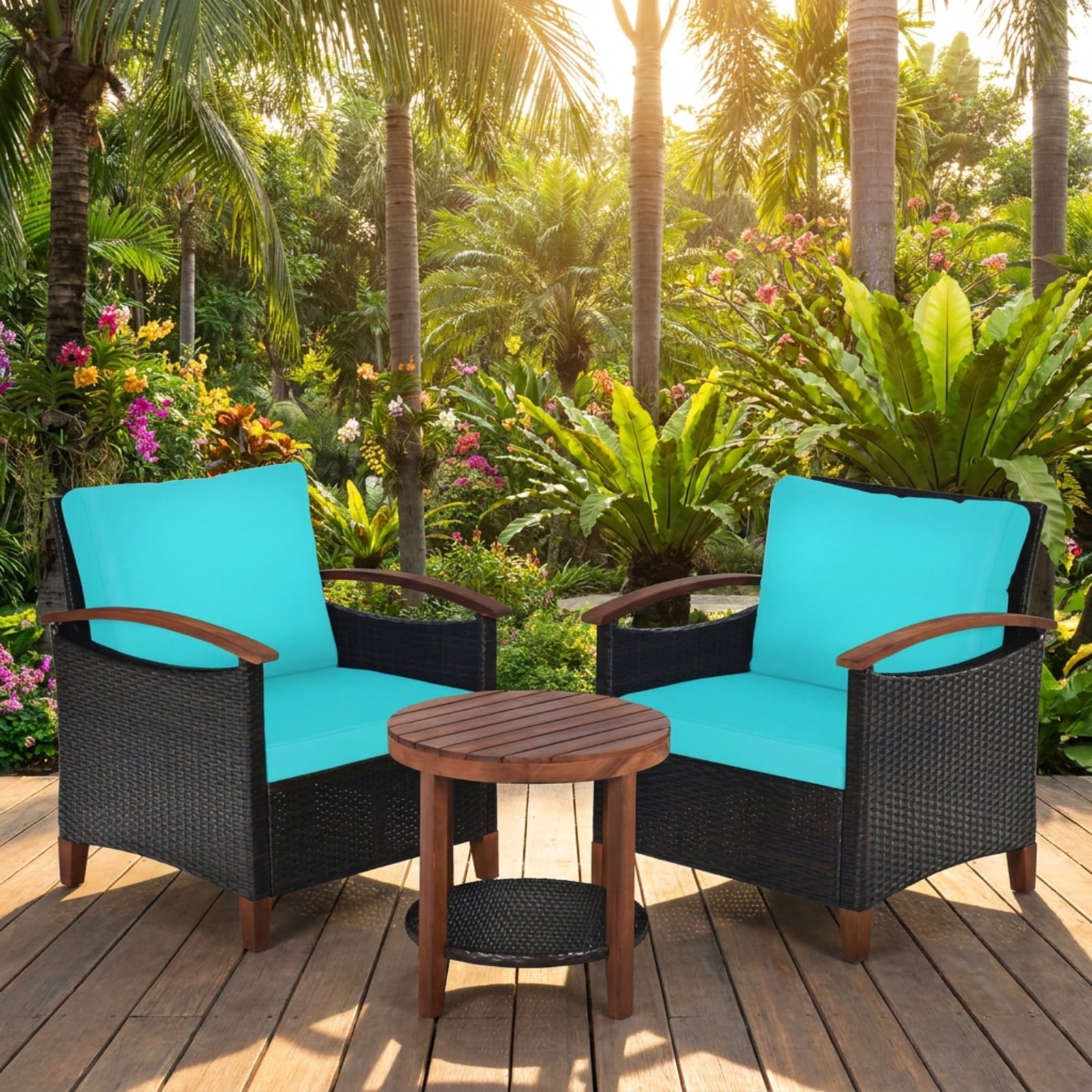 Biotree 3 Pieces Patio Rattan Furniture Set with Washable Cushion and Acacia Wood TabletopTurquoise