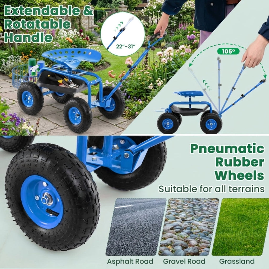 Biotree Rolling Garden Cart with 360¡ã Swivel Seat, Height Adjustable Garden Scooter, Heavy Duty Yard Cart with Tool Tray and Storage Basket for Gardening Weeding Yard Work Blue