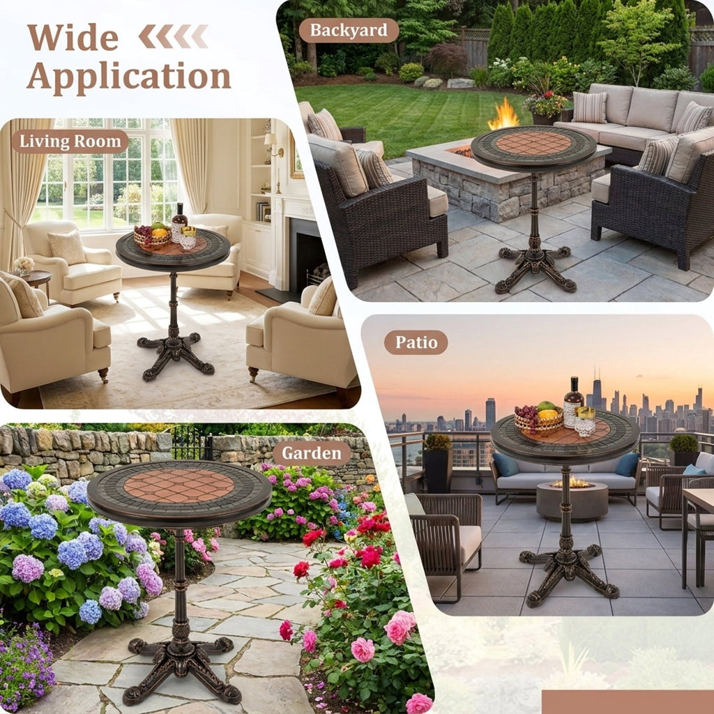 Biotree 24" Round Patio Dining Table Weather-resistant Cast Aluminum Table, Walnut