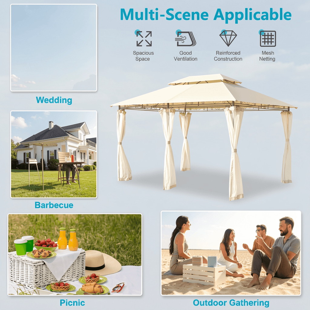 Biotree 10 Feet x 13 Feet Tent Canopy Shelter with Removable Netting Sidewall Beige - Outdoor Patio Backyard Garden Shade Canopy Shelter