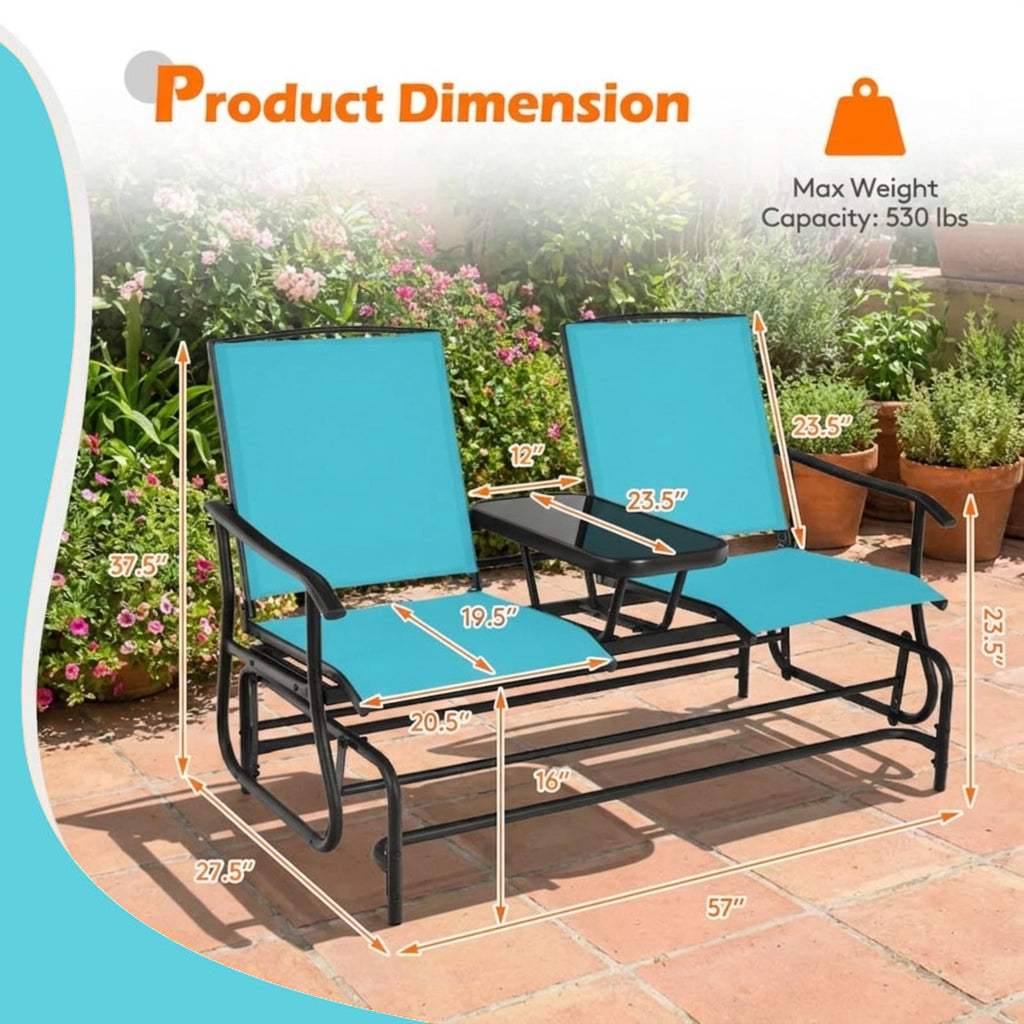Biotree 2-Person Double Rocking Loveseat with Mesh Fabric and Center Tempered Glass TableTurquoise