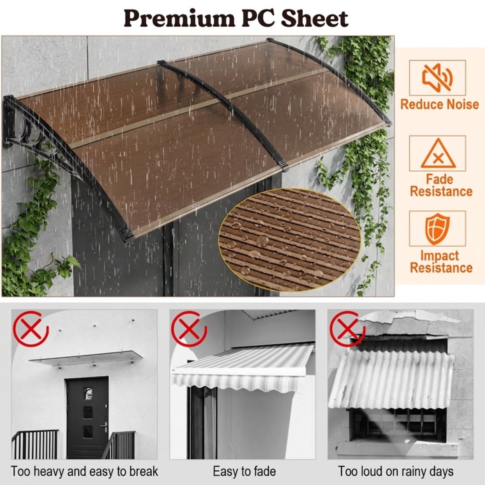 Biotree Outdoor Front Door Patio Overhang Awning for Sunlight Rain Snow Wind Protection-80 x 40 Inch for Patio Deck Door Window Sun Rain Protection, Coffee