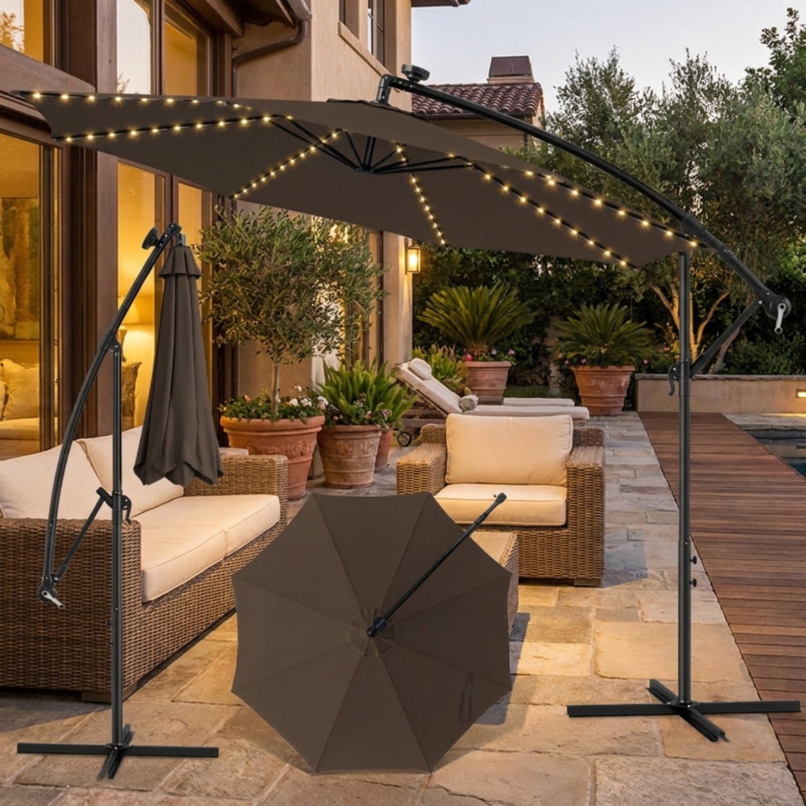 Biotree 10 ft Cantilever Offset Patio Umbrella Solar LED Lights Outdoor Shade - Brown - UV Protection